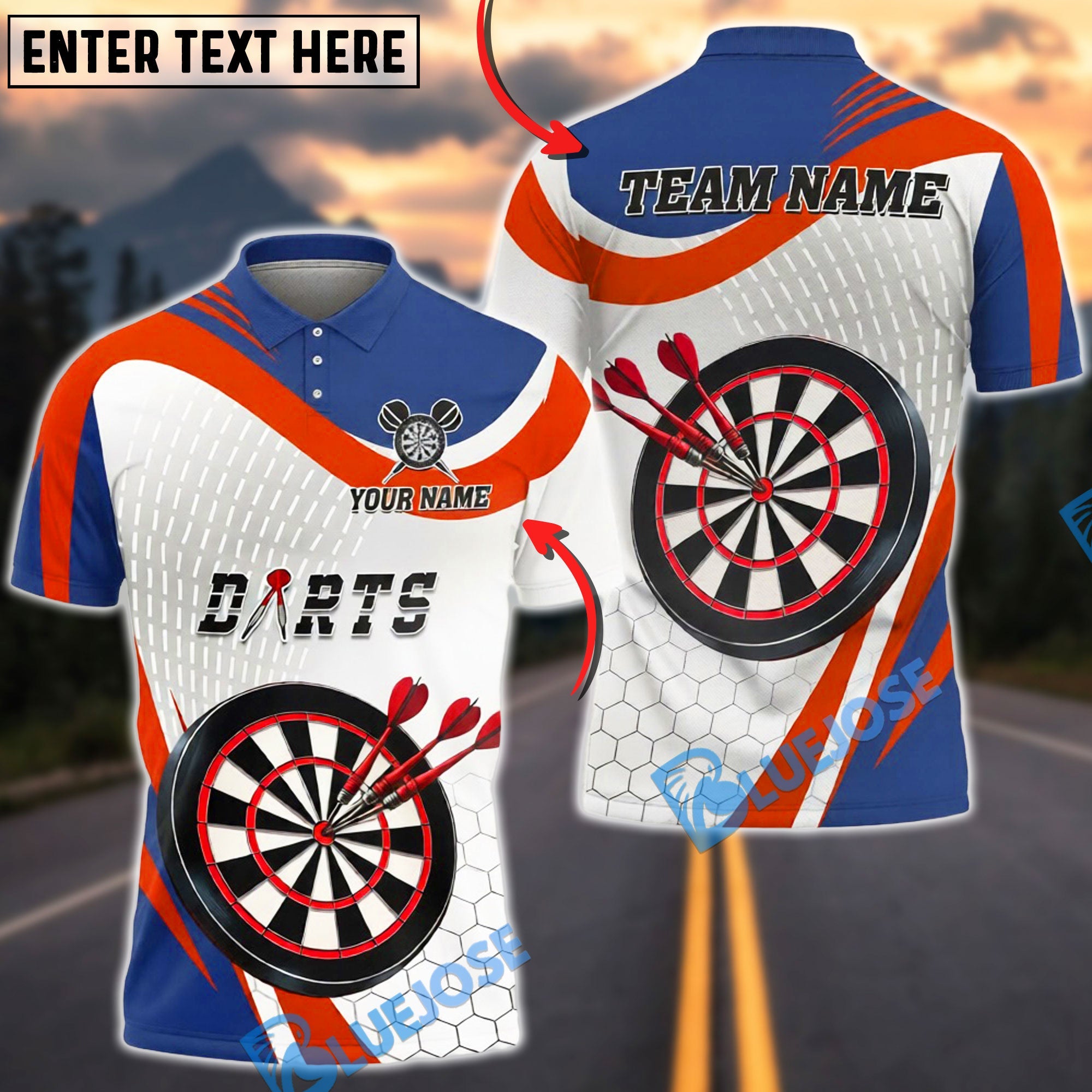 BlueJose Darts Strike Hexagon Motion Classic Board Personalized Name, Team Name Unisex Shirt (4 Colors)