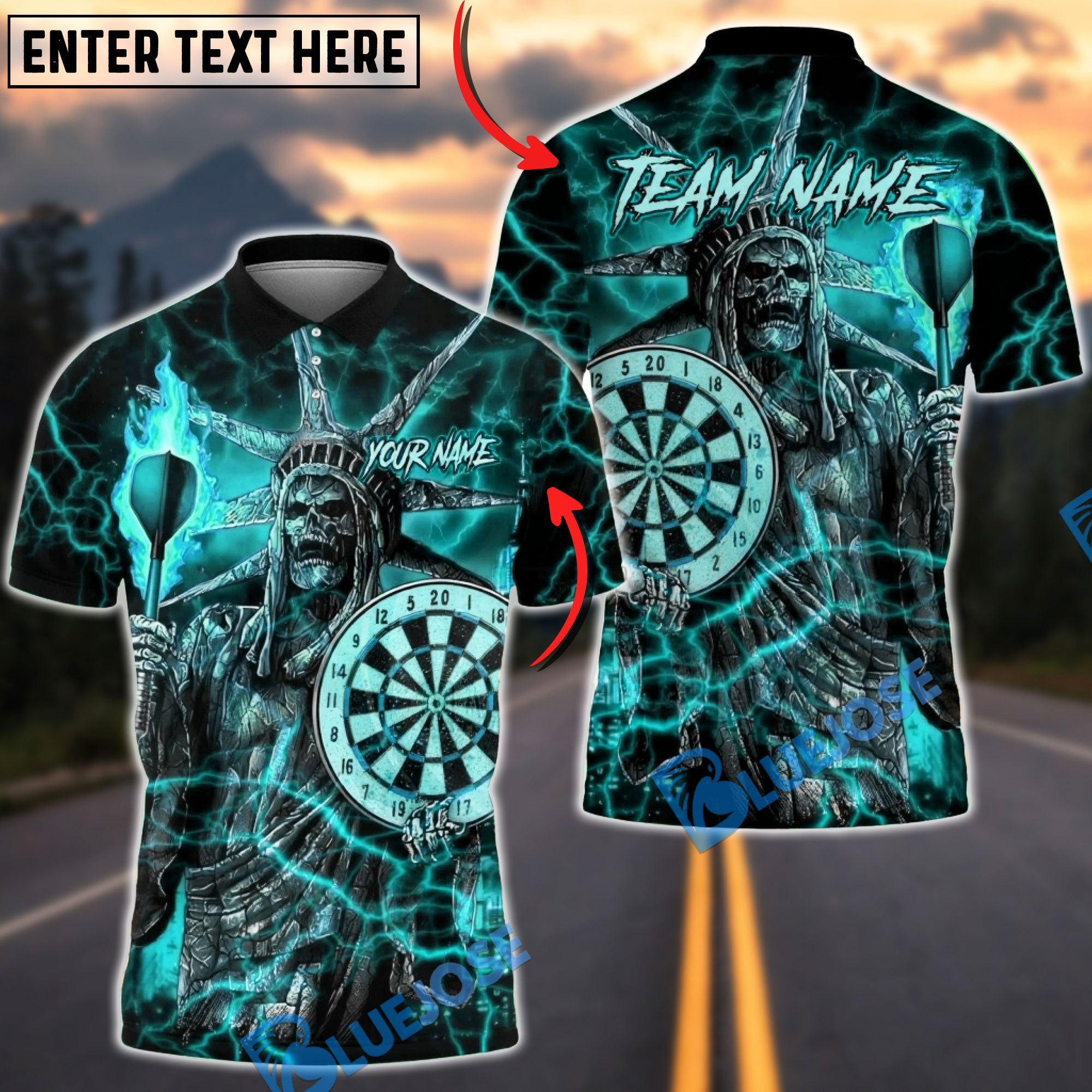 BlueJose Darts Statue of Liberty Skull Flame Multicolor Options Personalized Name Shirt (4 Colors)