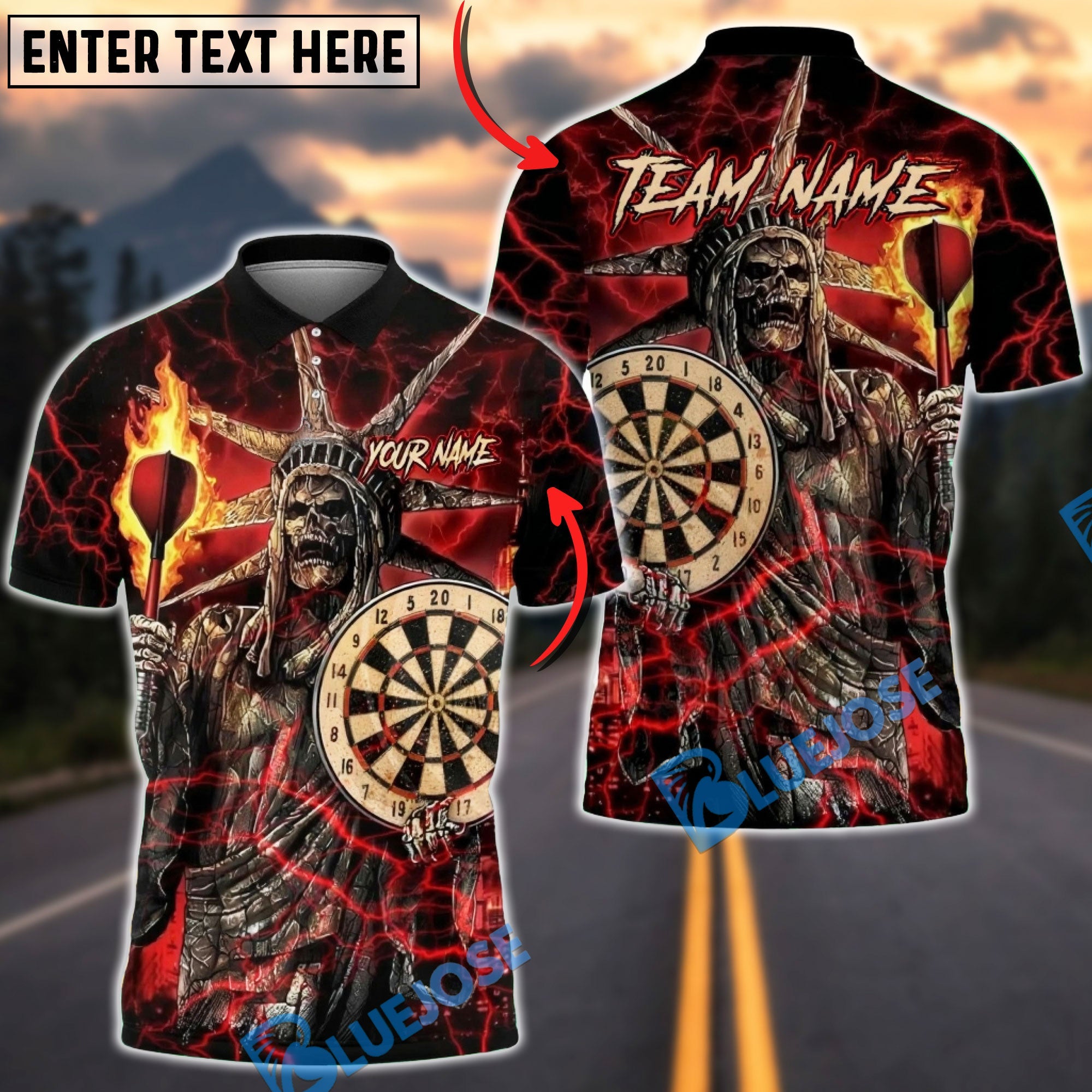 BlueJose Darts Statue of Liberty Skull Flame Multicolor Options Personalized Name Shirt (4 Colors)