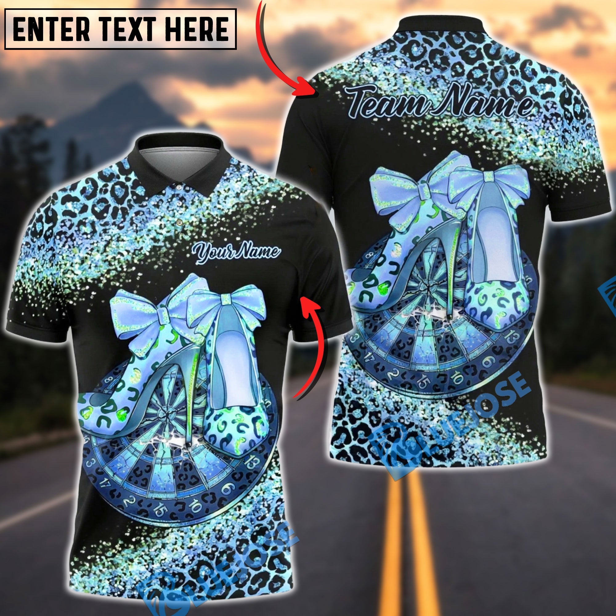 BlueJose Darts Leopard High Heels Glam Design Multicolor Options Personalized Name Shirt (6 Colors)