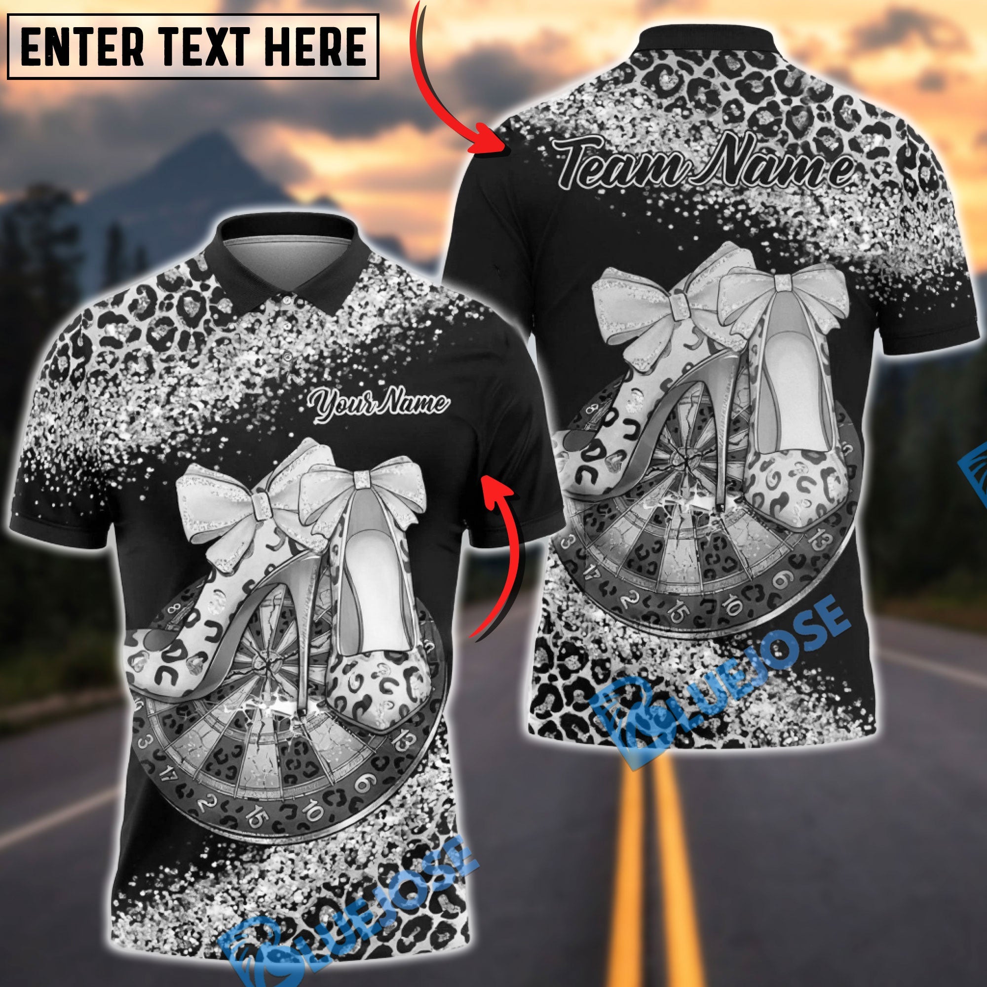 BlueJose Darts Leopard High Heels Glam Design Multicolor Options Personalized Name Shirt (6 Colors)