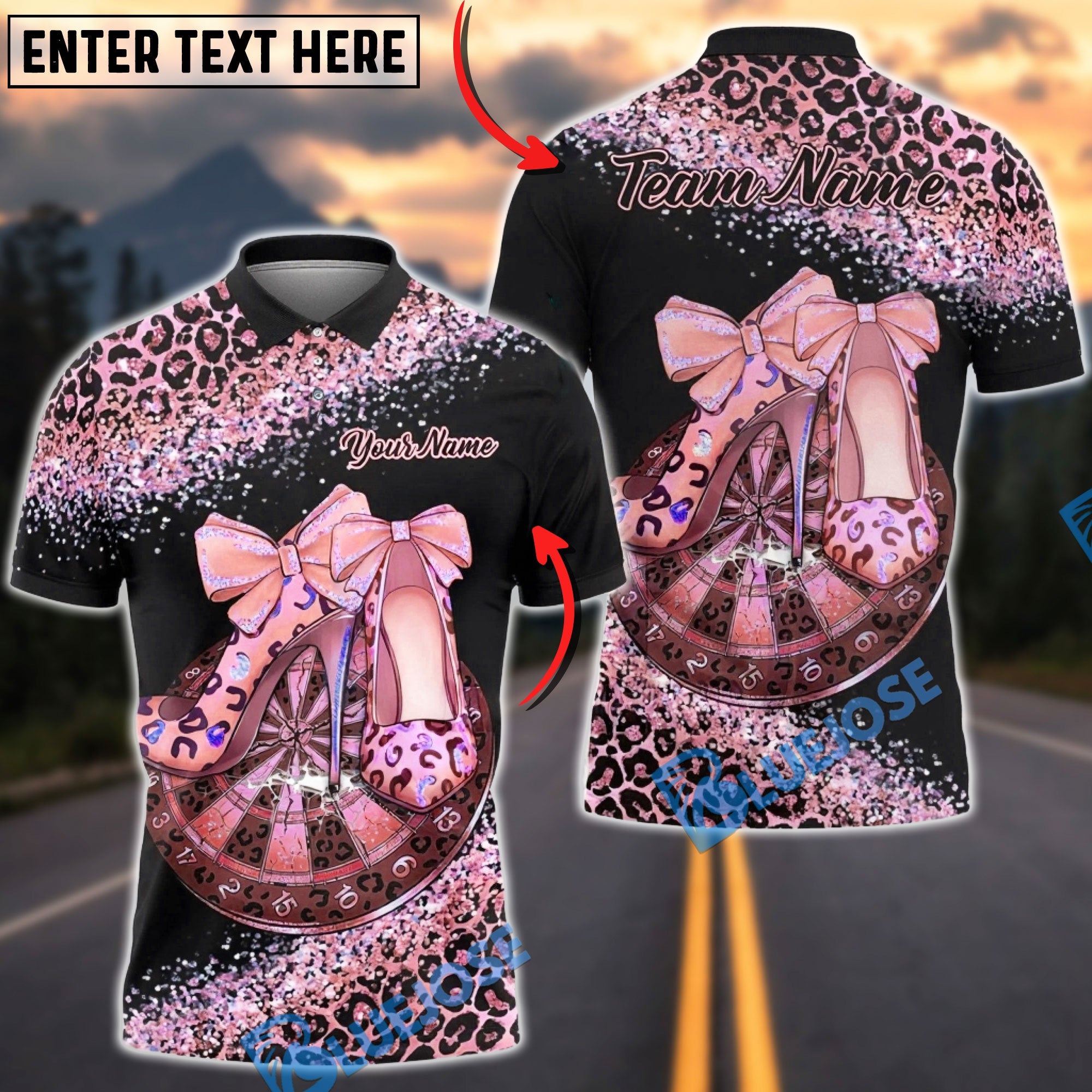 BlueJose Darts Leopard High Heels Glam Design Multicolor Options Personalized Name Shirt (6 Colors)