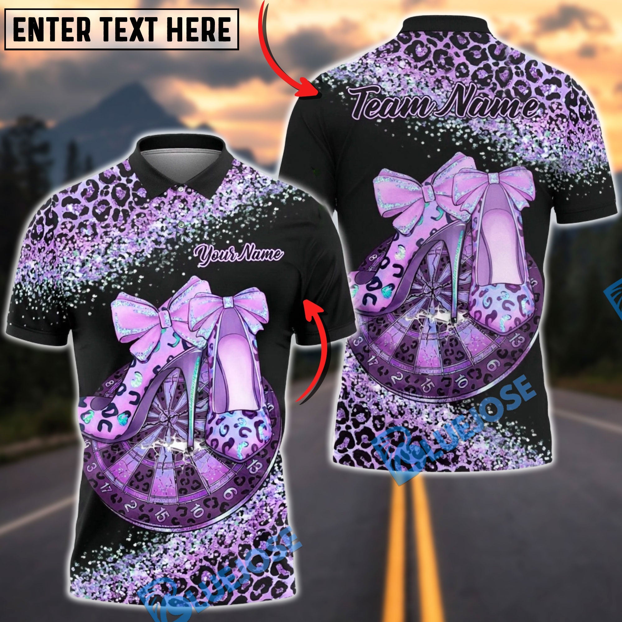 BlueJose Darts Leopard High Heels Glam Design Multicolor Options Personalized Name Shirt (6 Colors)
