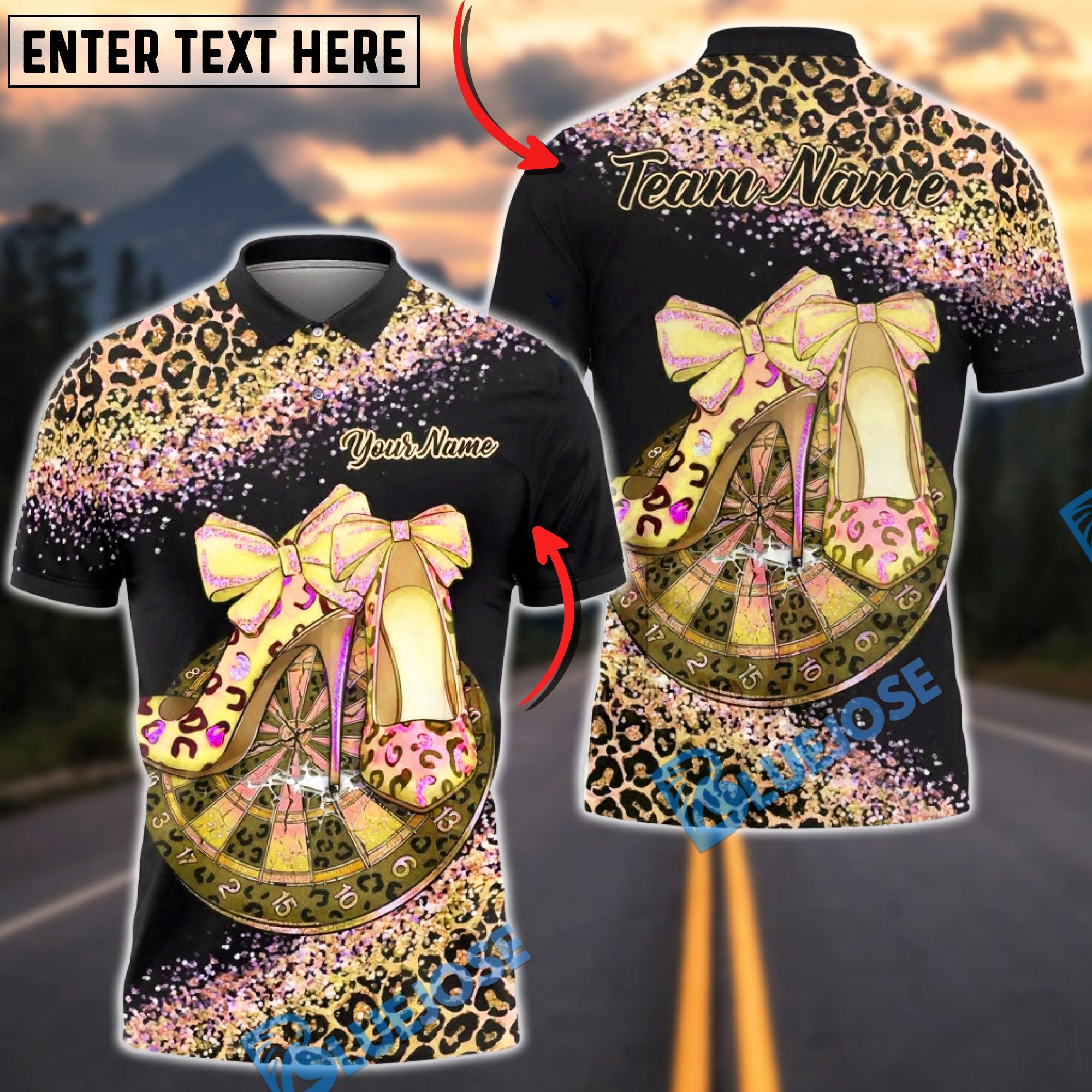 BlueJose Darts Leopard High Heels Glam Design Multicolor Options Personalized Name Shirt (6 Colors)