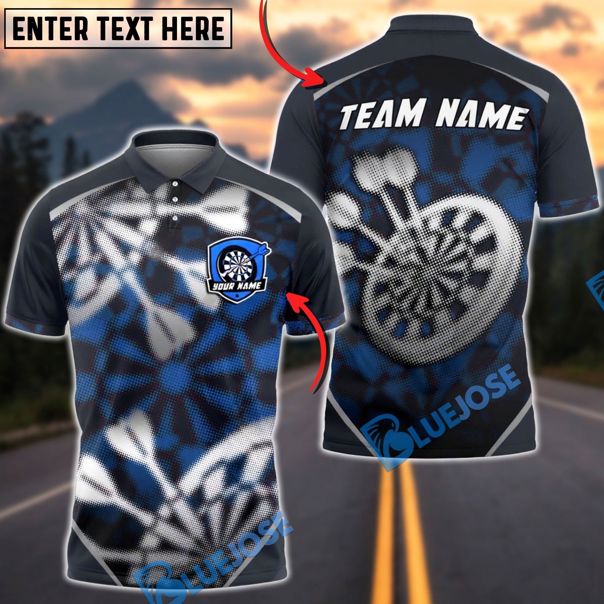 BlueJose Darts Blur Abstract Grunge Dartboard Splash Personalized Name, Team Name Unisex Shirt (4 Colors)