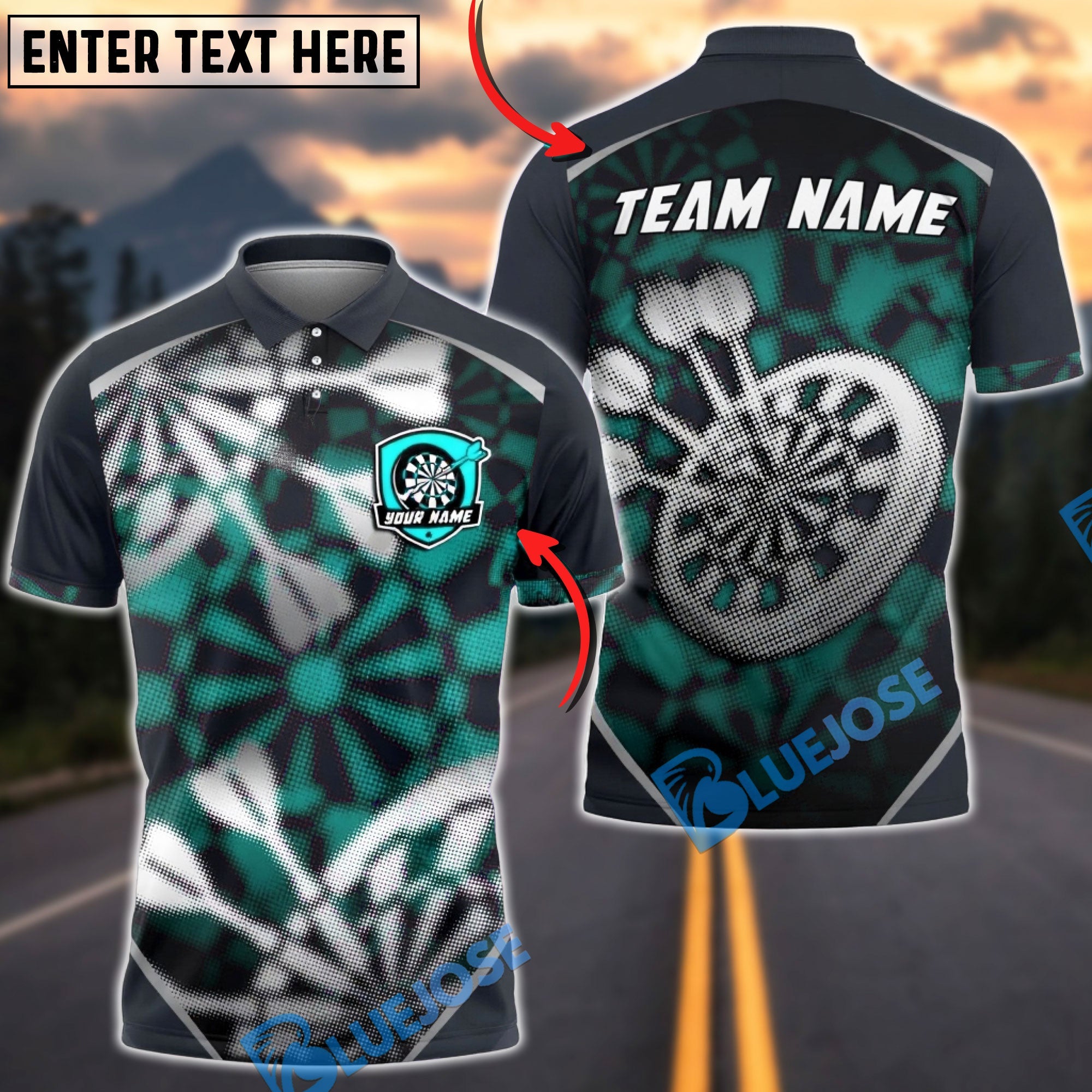 BlueJose Darts Blur Abstract Grunge Dartboard Splash Personalized Name, Team Name Unisex Shirt (4 Colors)