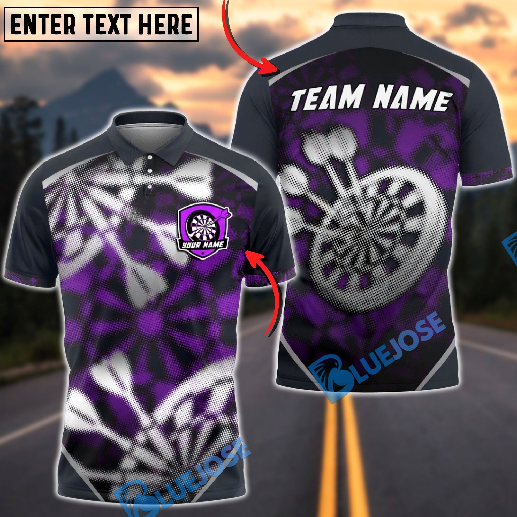 BlueJose Darts Blur Abstract Grunge Dartboard Splash Personalized Name, Team Name Unisex Shirt (4 Colors)