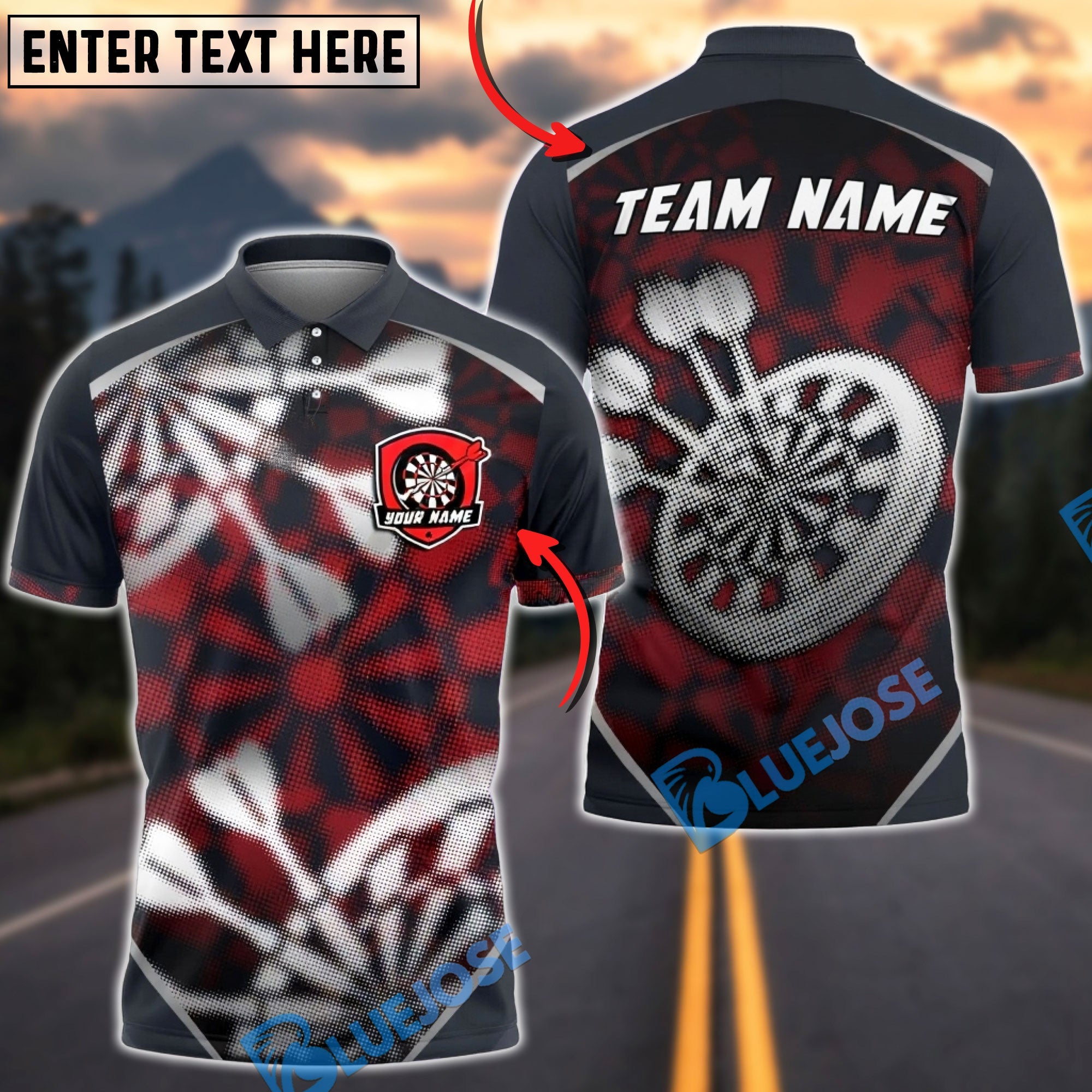 BlueJose Darts Blur Abstract Grunge Dartboard Splash Personalized Name, Team Name Unisex Shirt (4 Colors)