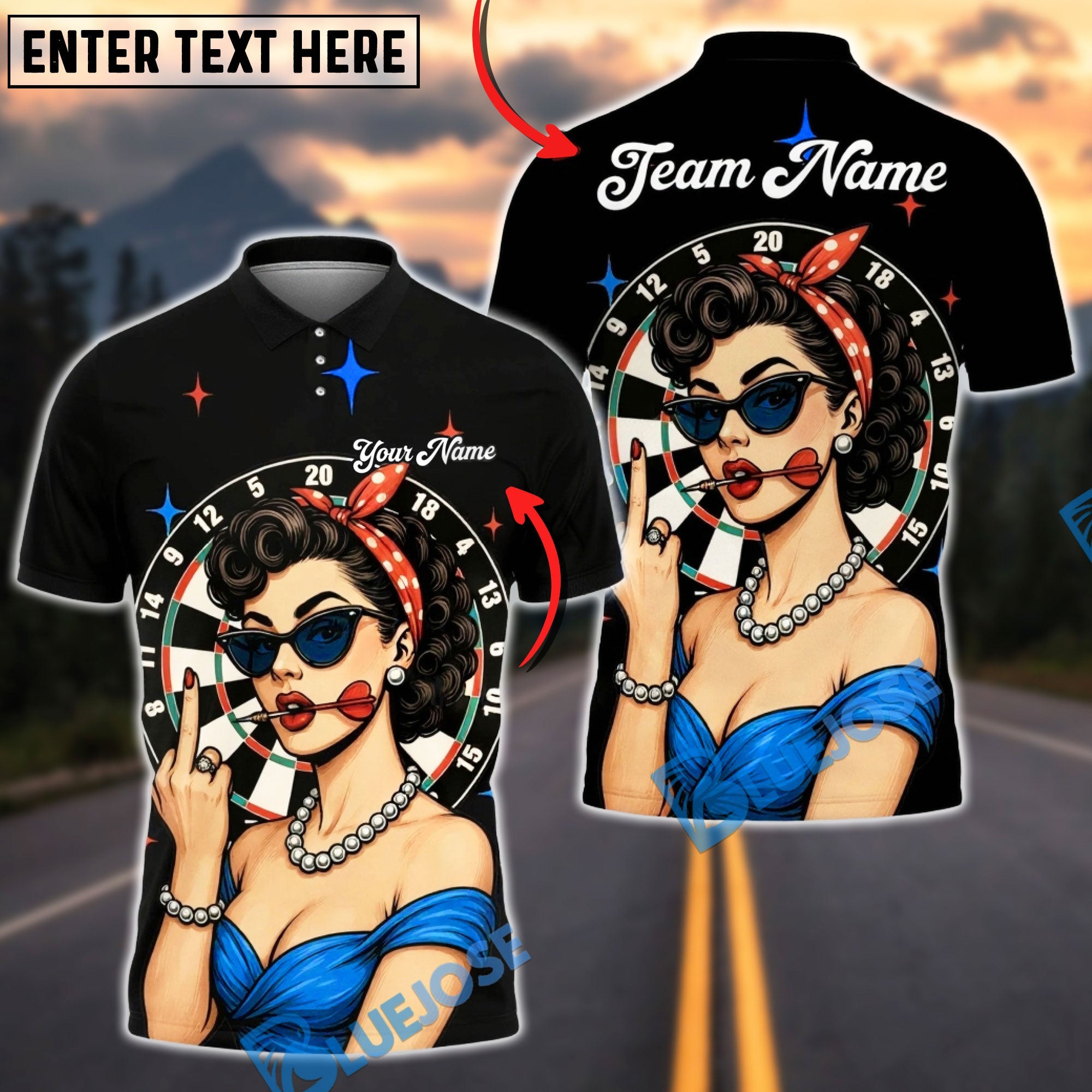 BlueJose Darts Pinup Girl Retro Style Multicolor Options Personalized Name Shirt (4 Colors)