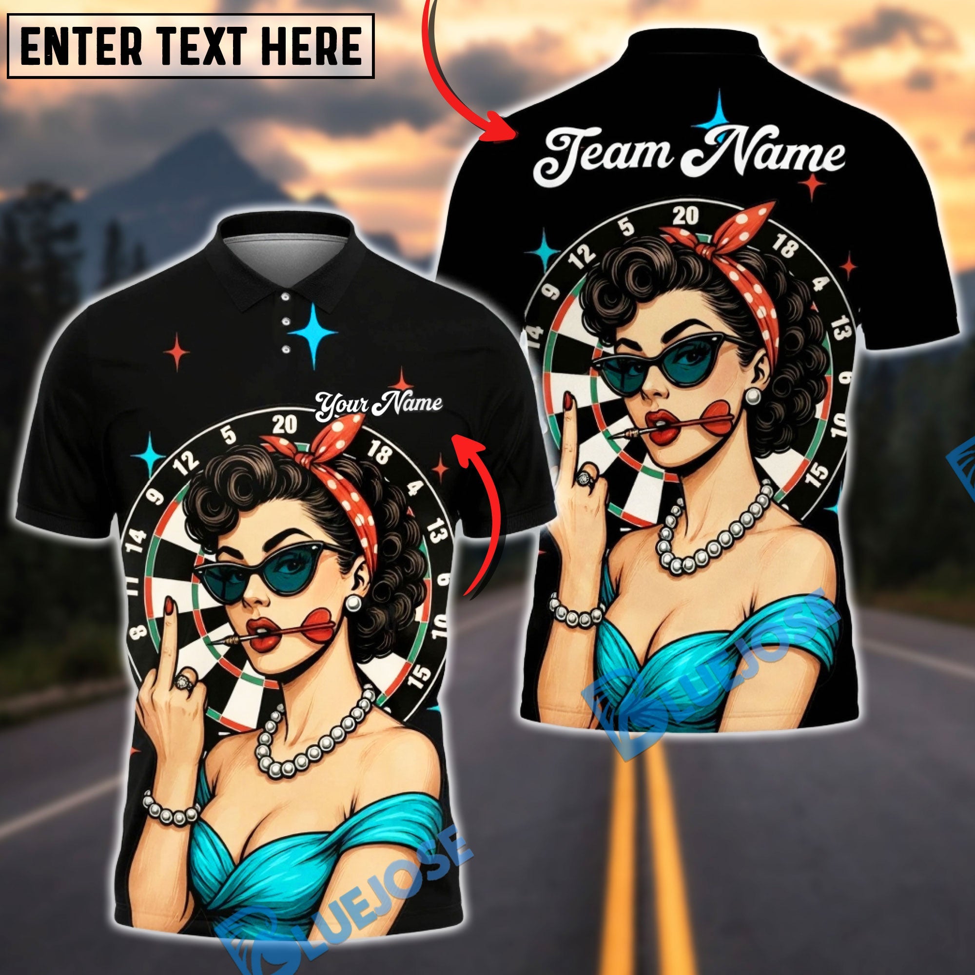 BlueJose Darts Pinup Girl Retro Style Multicolor Options Personalized Name Shirt (4 Colors)