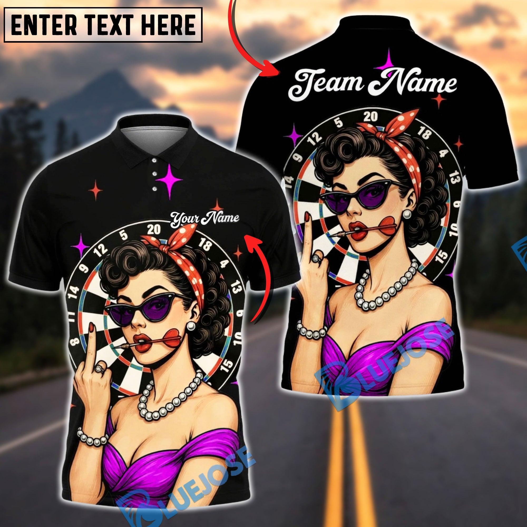 BlueJose Darts Pinup Girl Retro Style Multicolor Options Personalized Name Shirt (4 Colors)