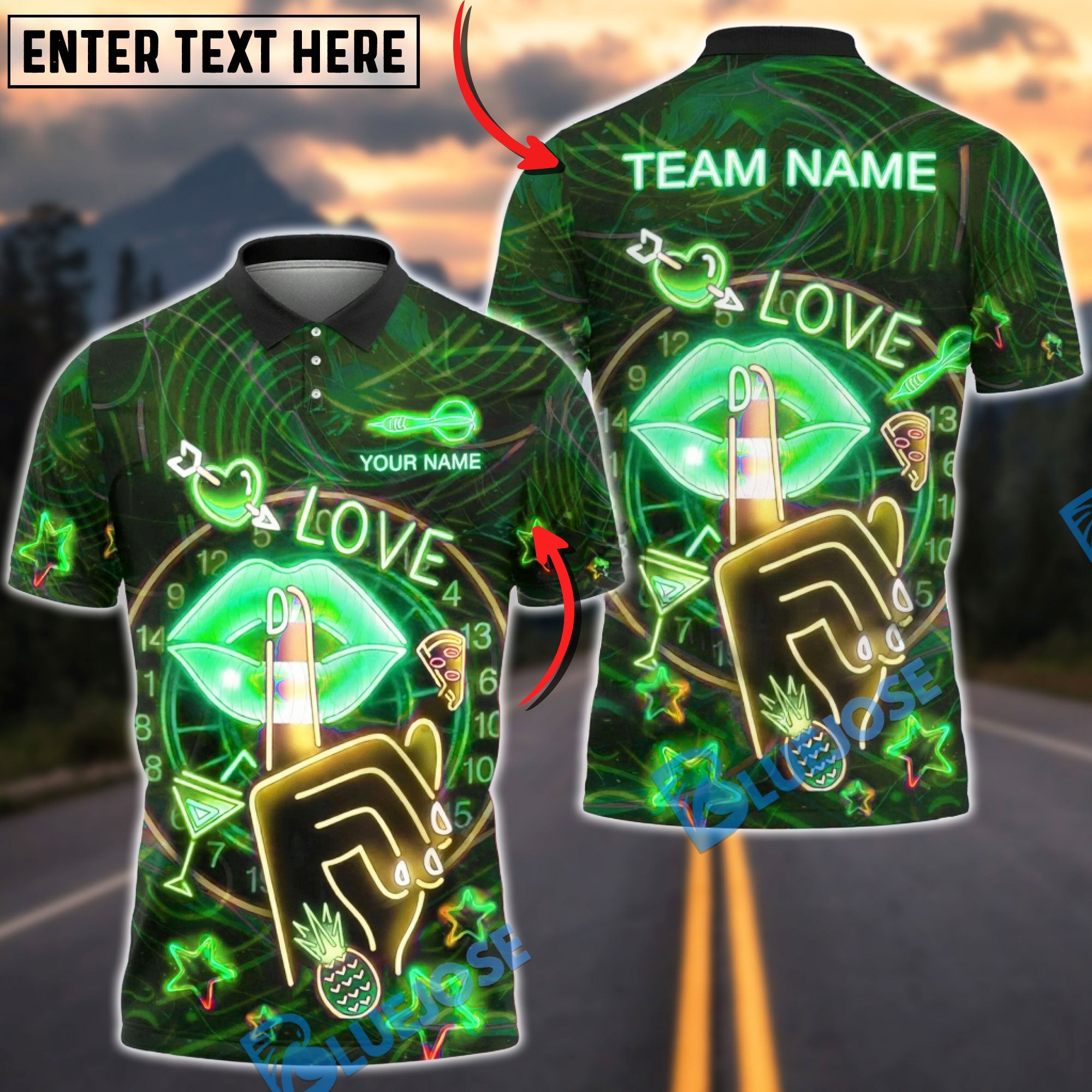BlueJose Darts Neon Love Party Design Multicolor Options Personalized Name Shirt (4 Colors)