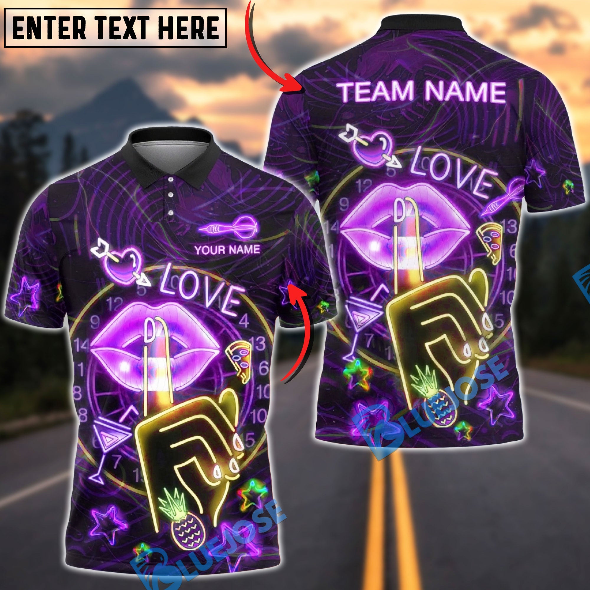 BlueJose Darts Neon Love Party Design Multicolor Options Personalized Name Shirt (4 Colors)