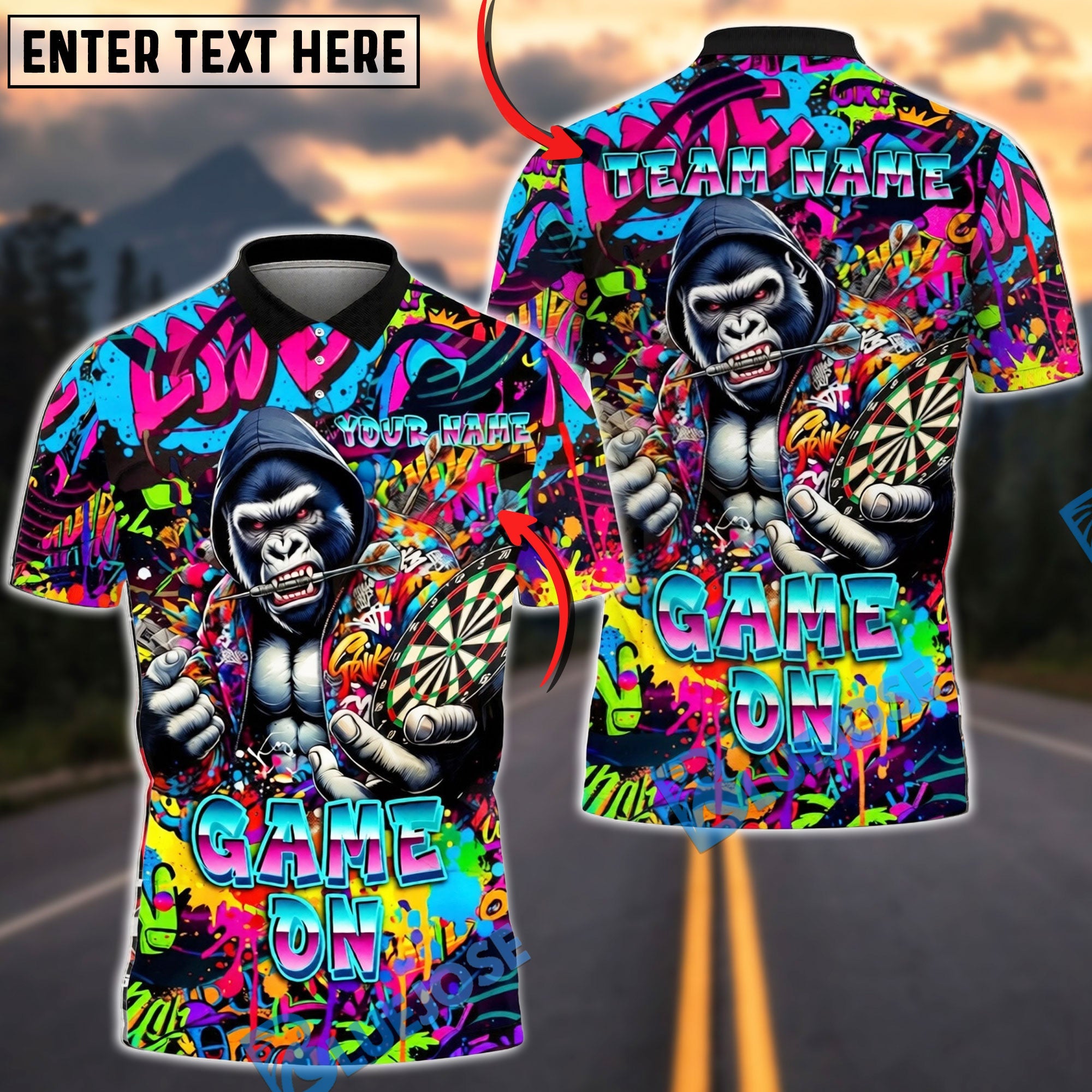 BlueJose Darts Gorilla Graffiti Game On Personalized Name Shirt