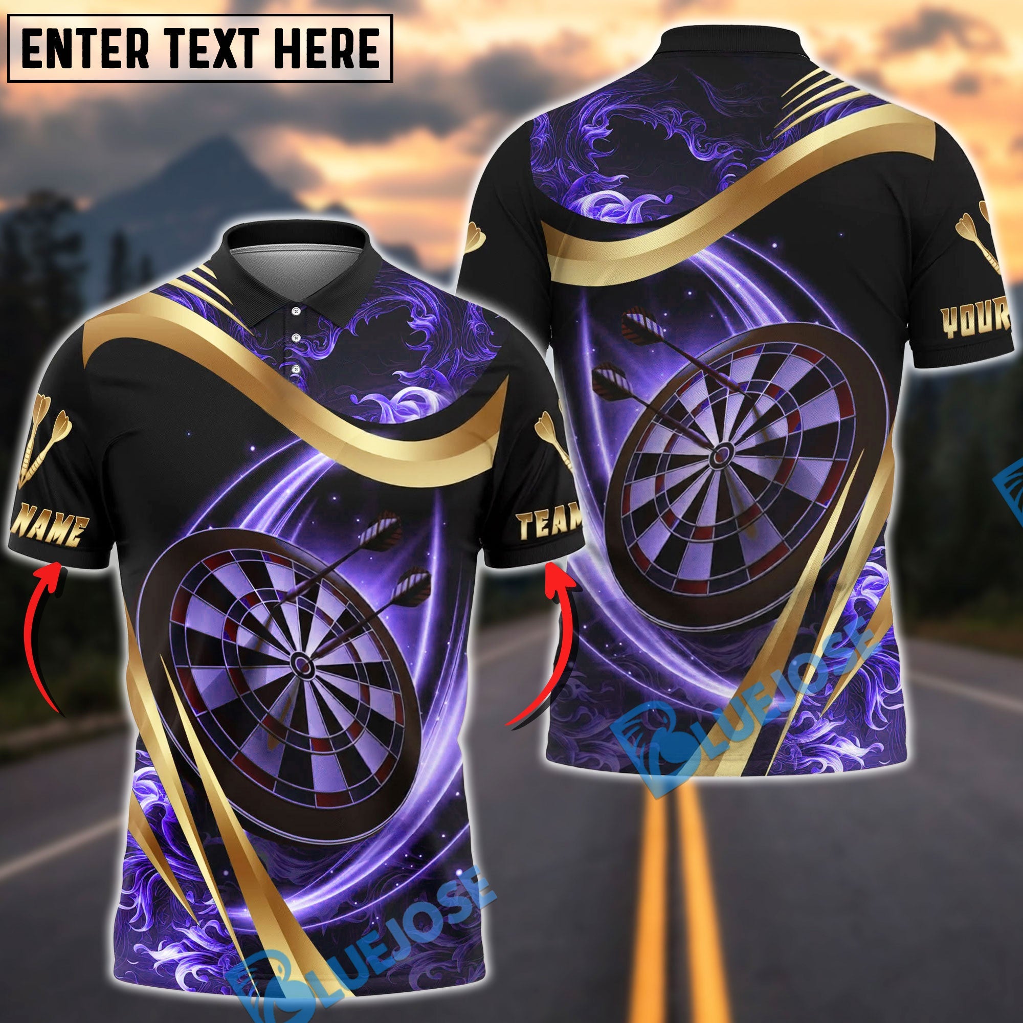 BlueJose Darts Luxury Gold Flame Dartboard Design Personalized Name, Team Name Unisex Shirt (4 Colors)