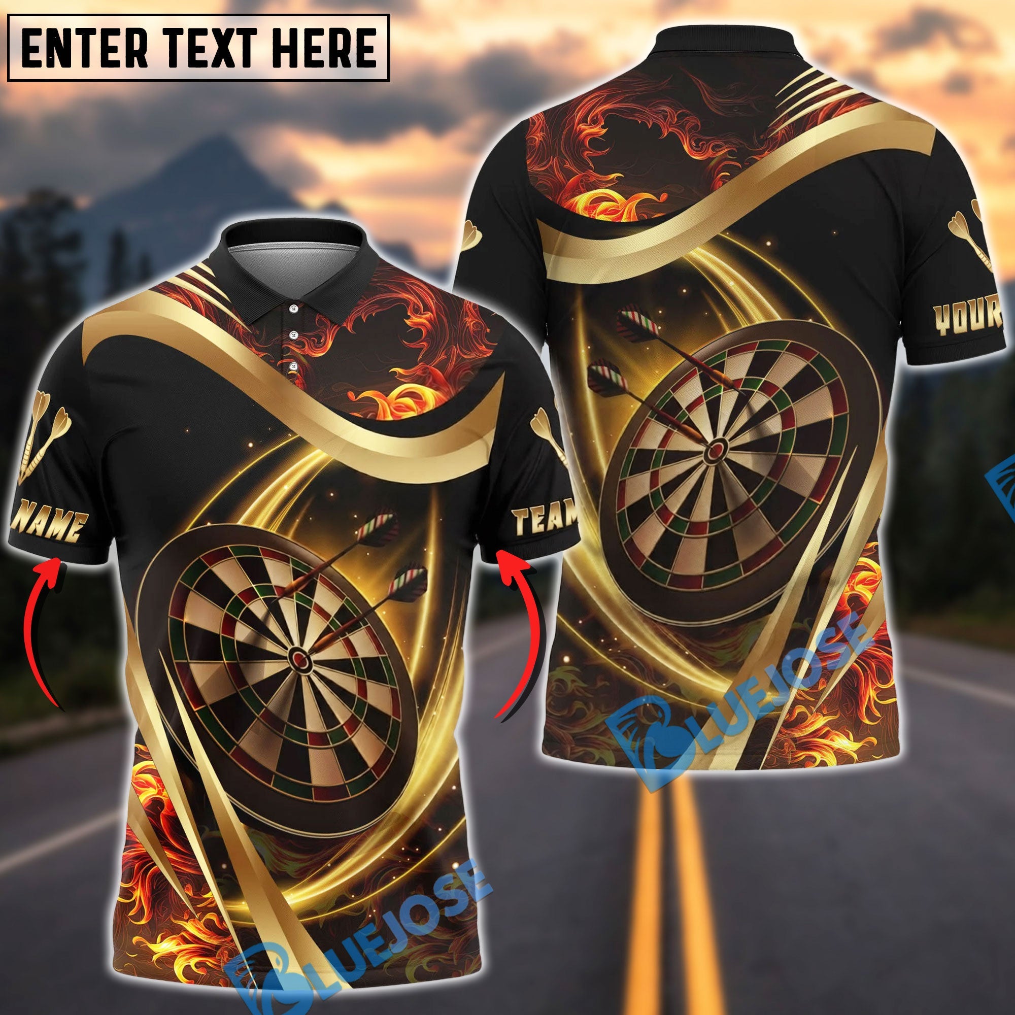 BlueJose Darts Luxury Gold Flame Dartboard Design Personalized Name, Team Name Unisex Shirt (4 Colors)