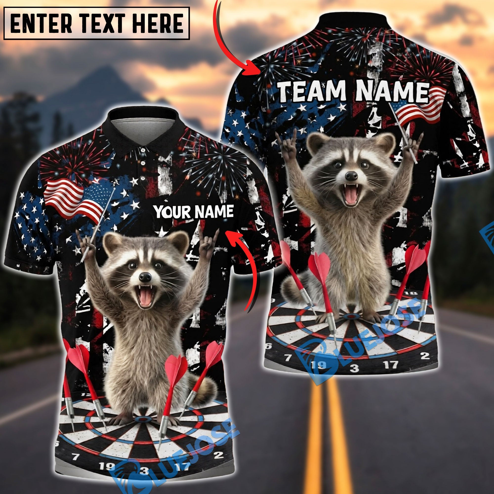 BlueJose Darts Patriotic Funny Raccoon Dartboard Fireworks American Flag Personalized Name Shirt