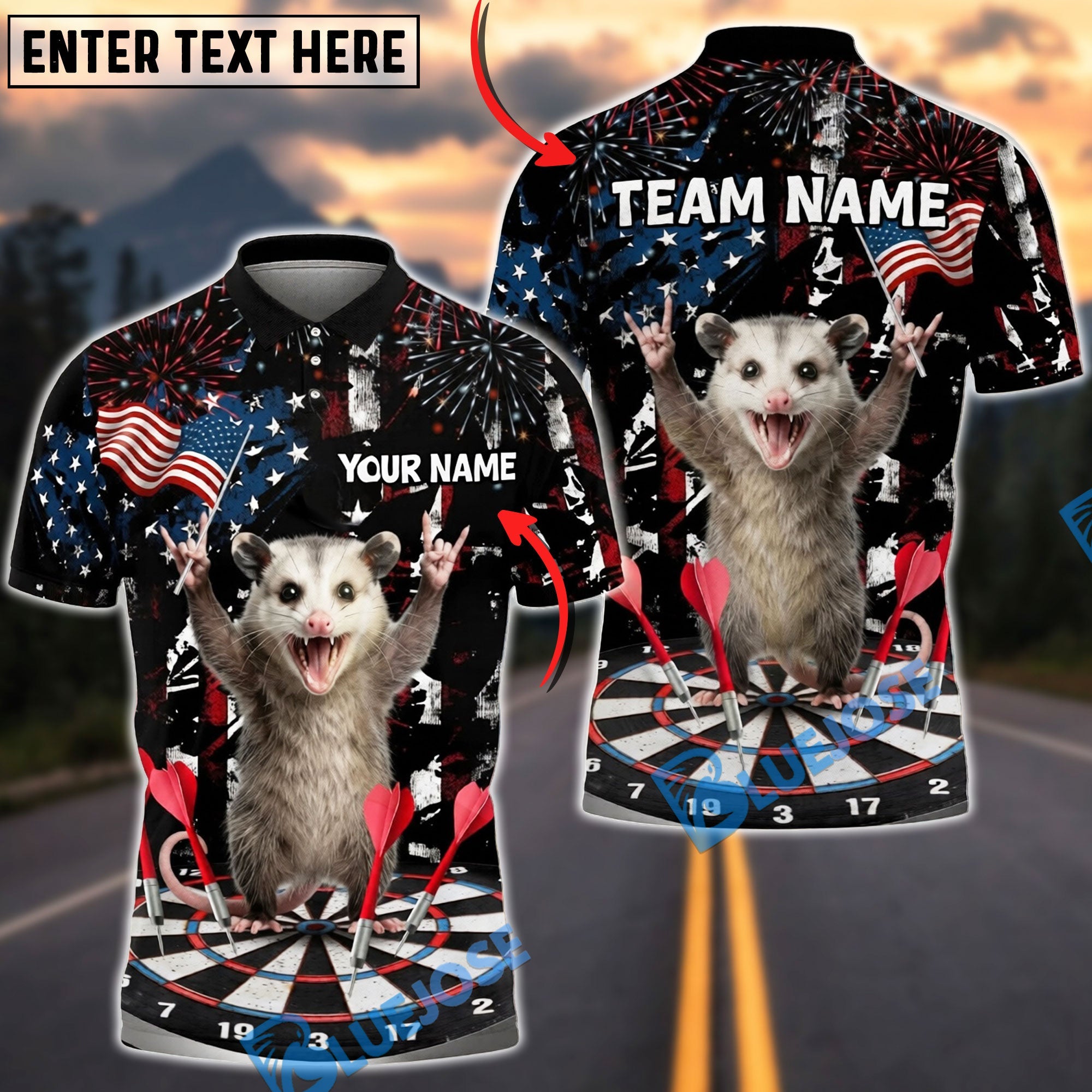 BlueJose Darts Patriotic Funny Opossum Dartboard Fireworks American Flag Personalized Name Shirt