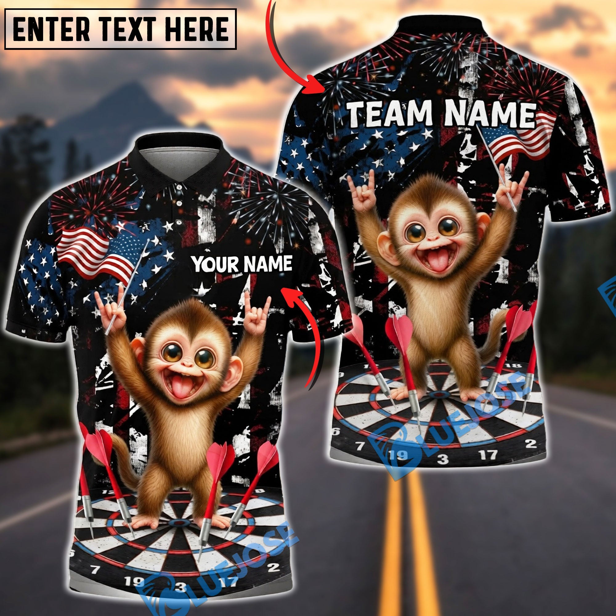 BlueJose Darts Patriotic Funny Monkey Dartboard Fireworks American Flag Personalized Name Shirt