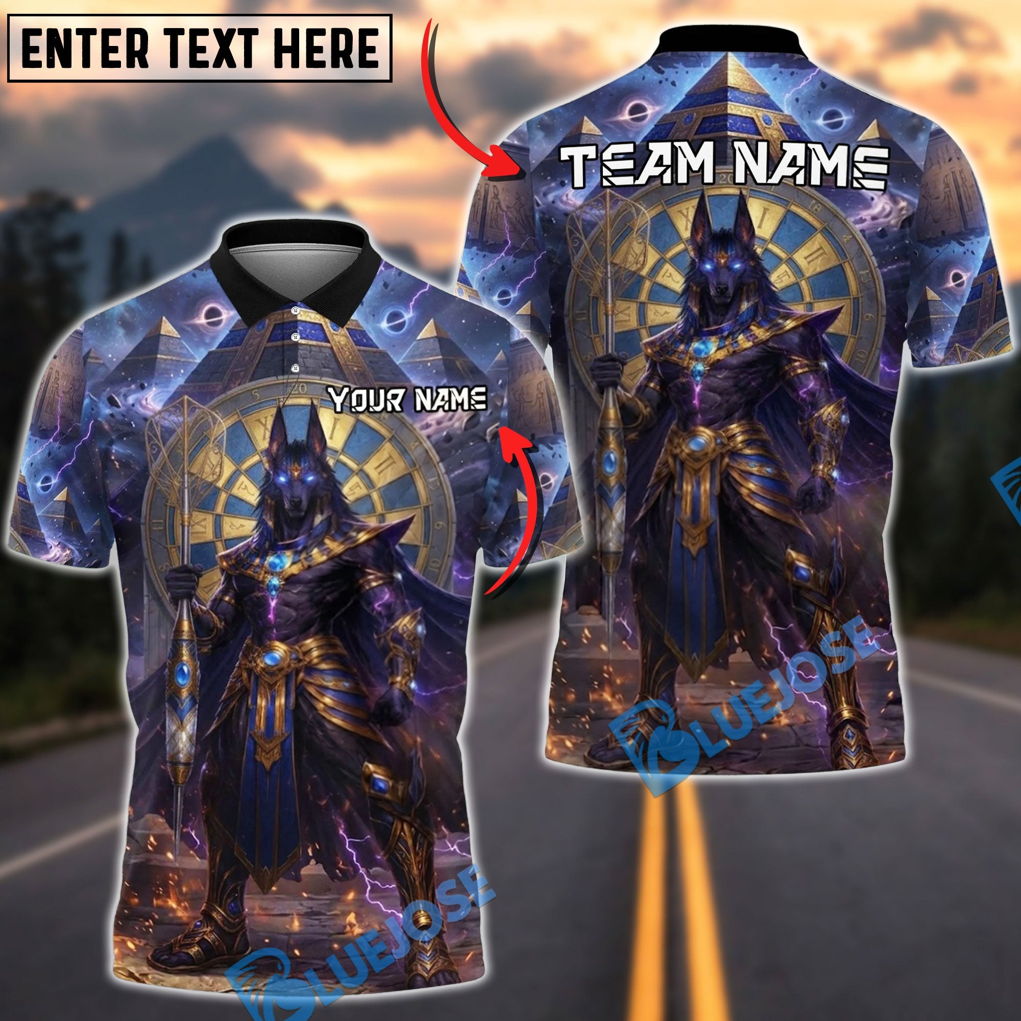 BlueJose Darts Egyptian Anubis Cosmic Pyramid Design Personalized Name Shirt