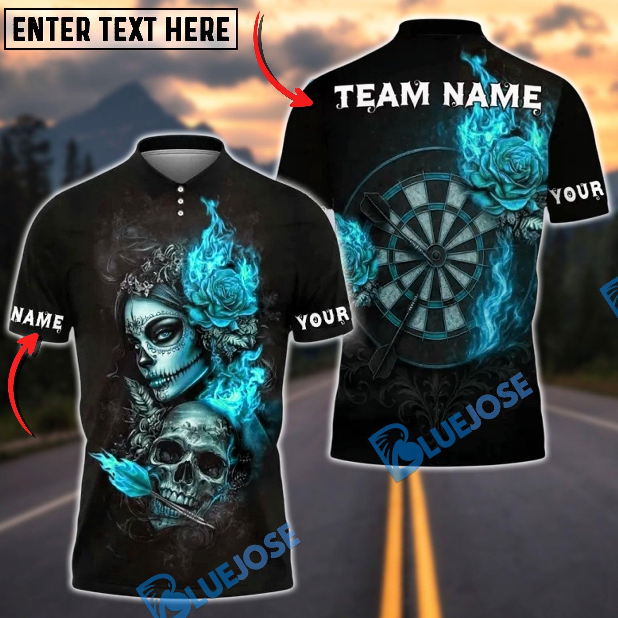 BlueJose Darts Skull and Rose Flame Design Personalized Name, Team Name Unisex Shirt (4 Colors)