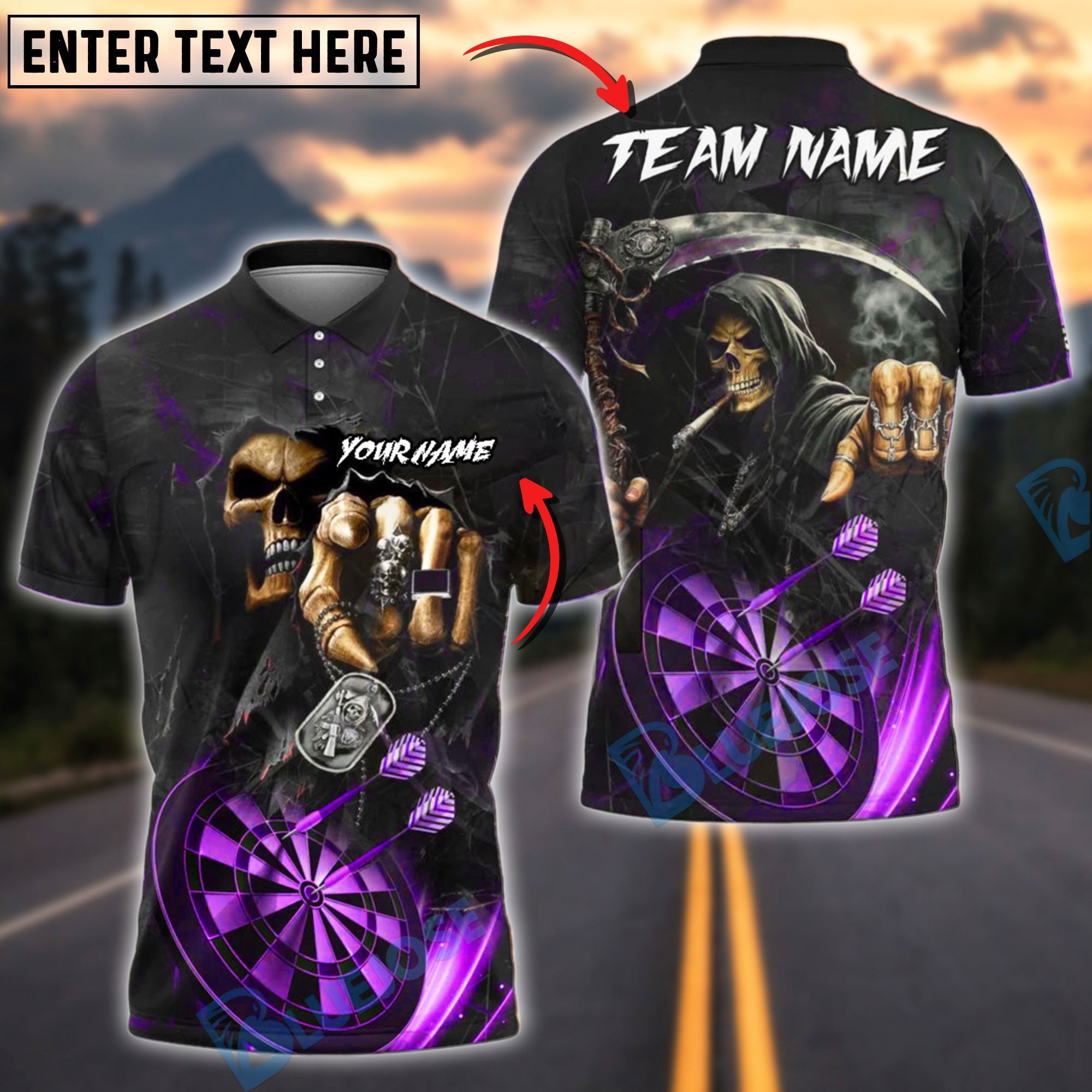 BlueJose Darts Skull Reaper Customized Name, Team Name 3D Shirt (4 Colors)