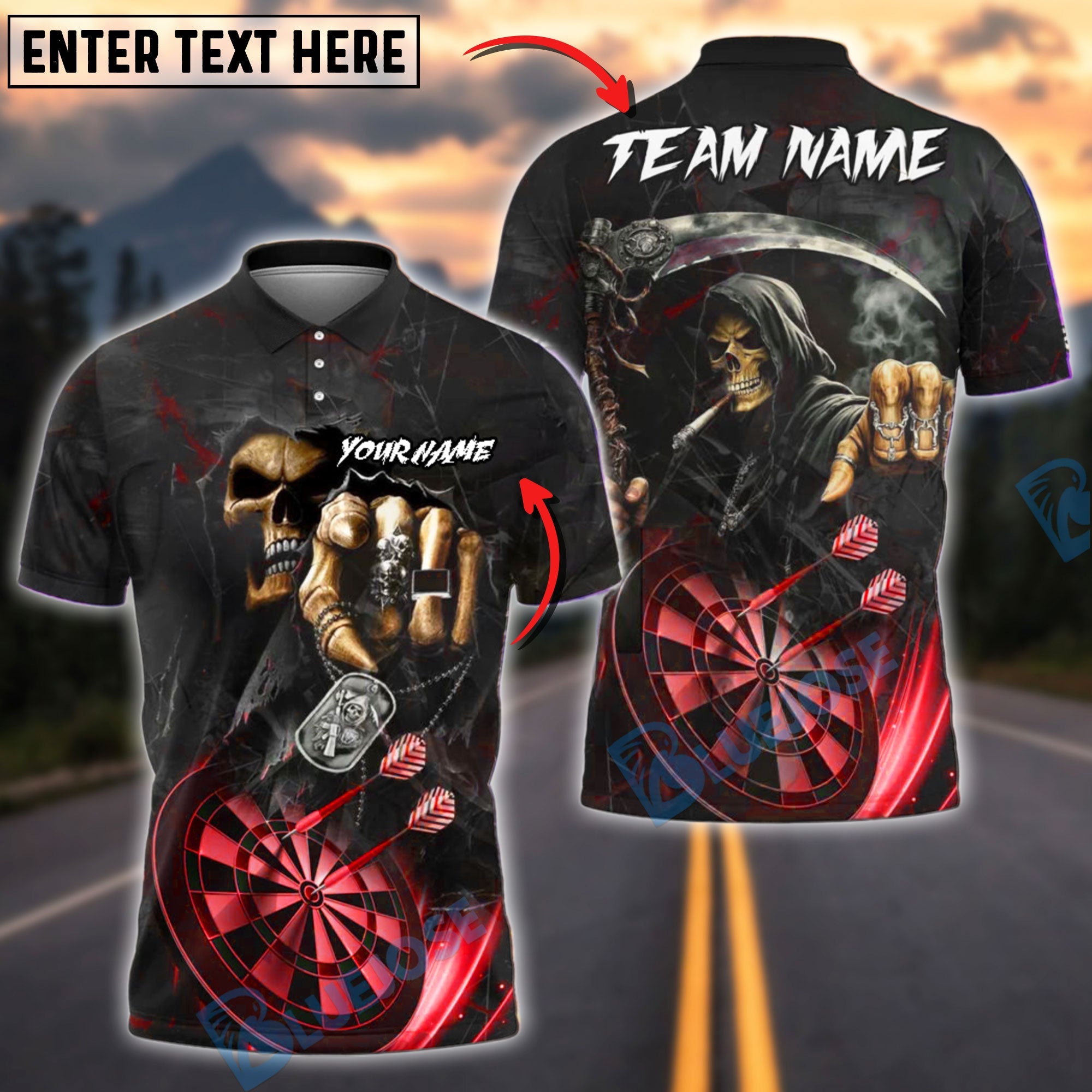 BlueJose Darts Skull Reaper Customized Name, Team Name 3D Shirt (4 Colors)