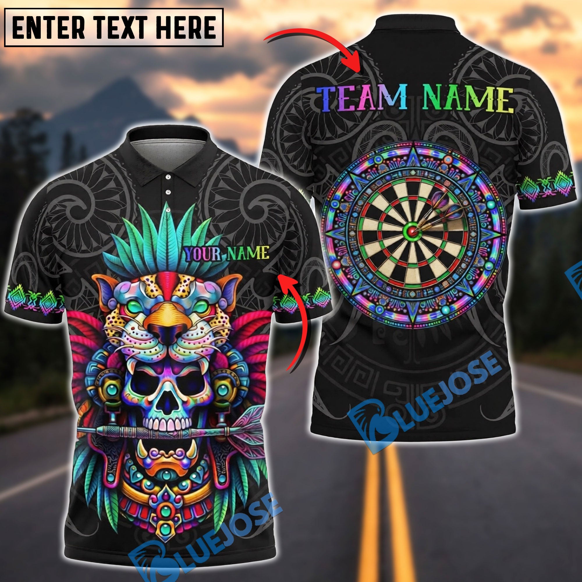 BlueJose Darts Jaguar Warrior Skull Mayan Tribal Personalized Name Shirt