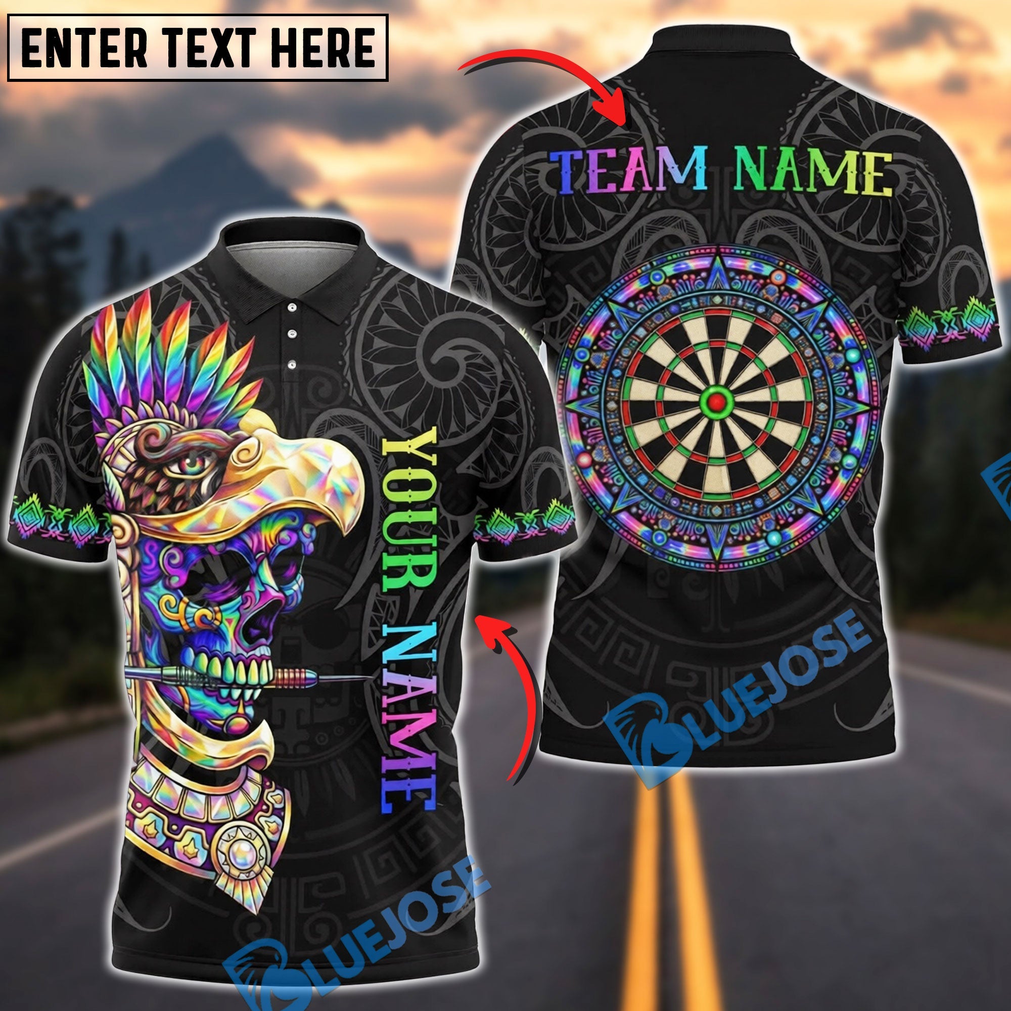 BlueJose Darts Eagle Warrior Skull Aztec Sun Stone Personalized Name Shirt