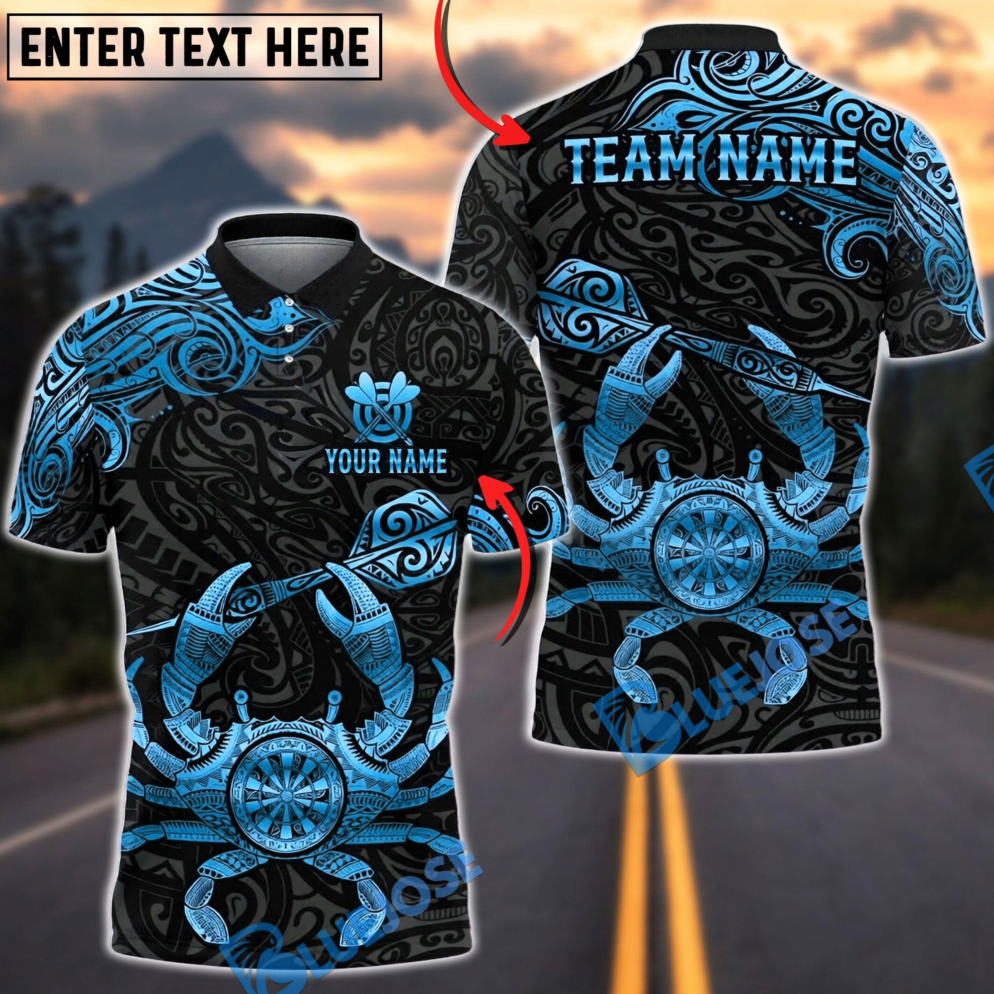 BlueJose Darts Tribal Crab Dartboard Personalized Name, Team Name Unisex Shirt (6 Colors)