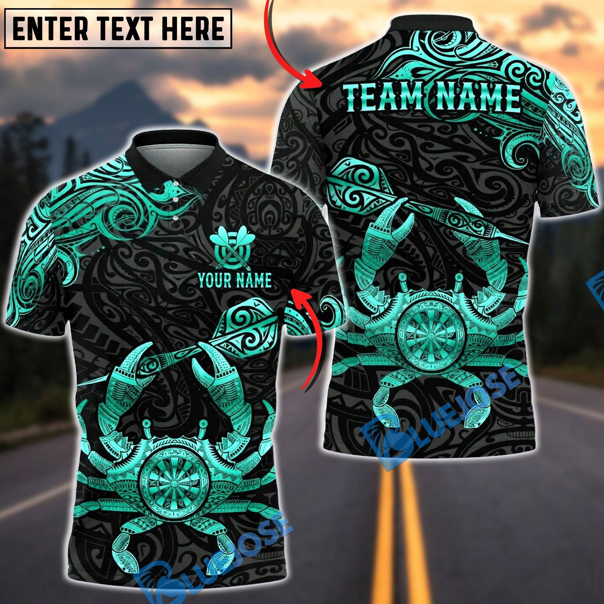 BlueJose Darts Tribal Crab Dartboard Personalized Name, Team Name Unisex Shirt (6 Colors)
