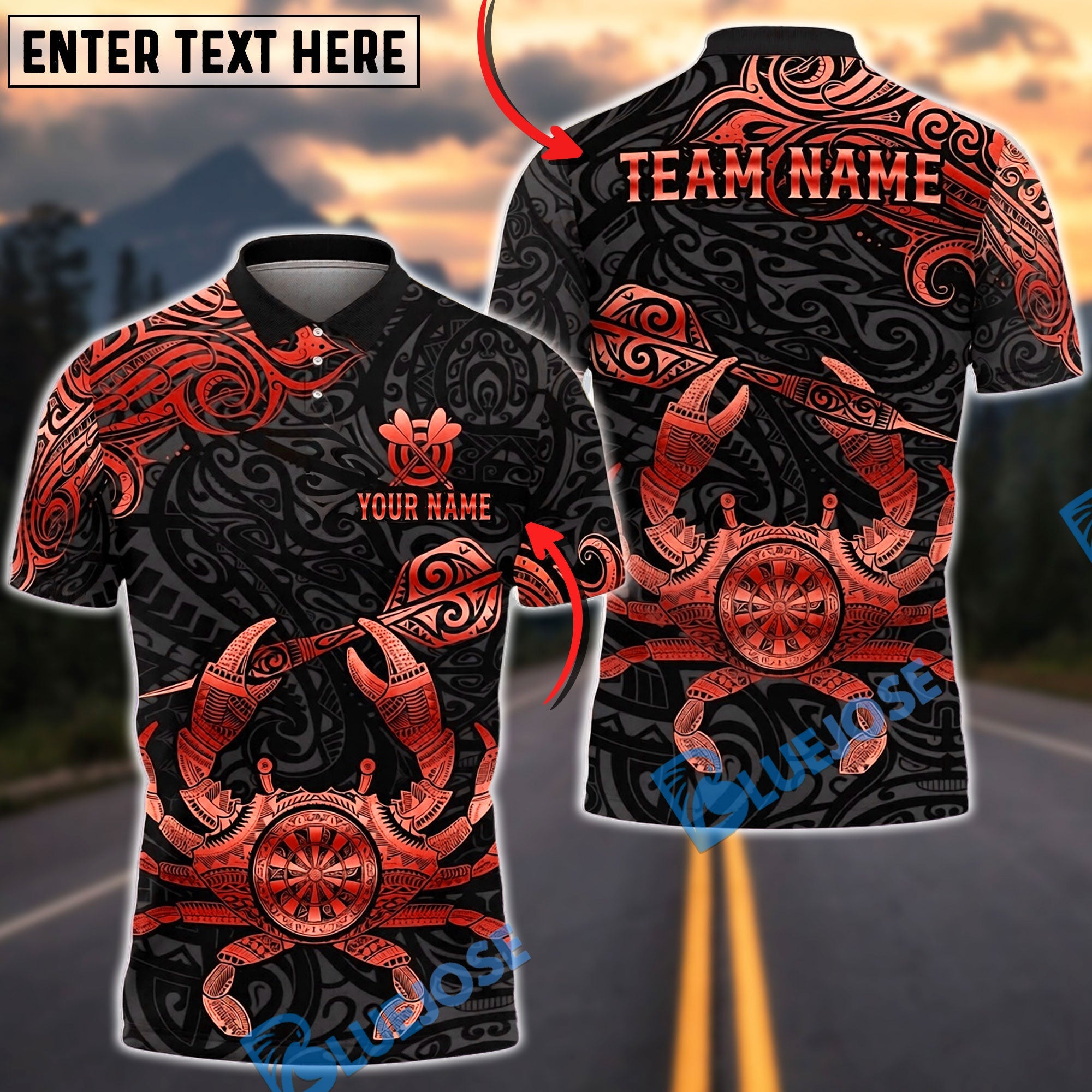 BlueJose Darts Tribal Crab Dartboard Personalized Name, Team Name Unisex Shirt (6 Colors)