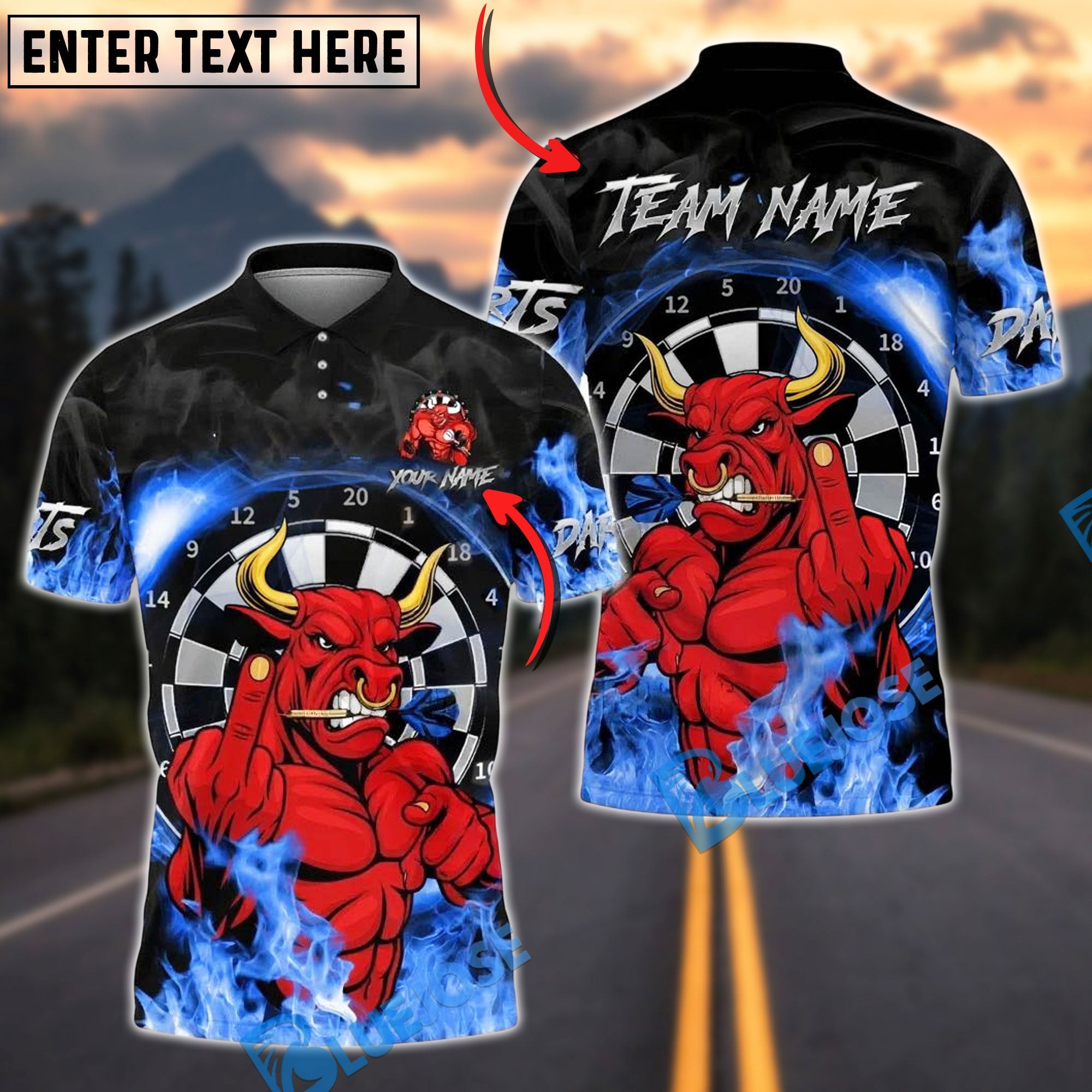 BlueJose Darts Red Bull Fire Personalized Name, Team Name Unisex Shirt (4 Colors)