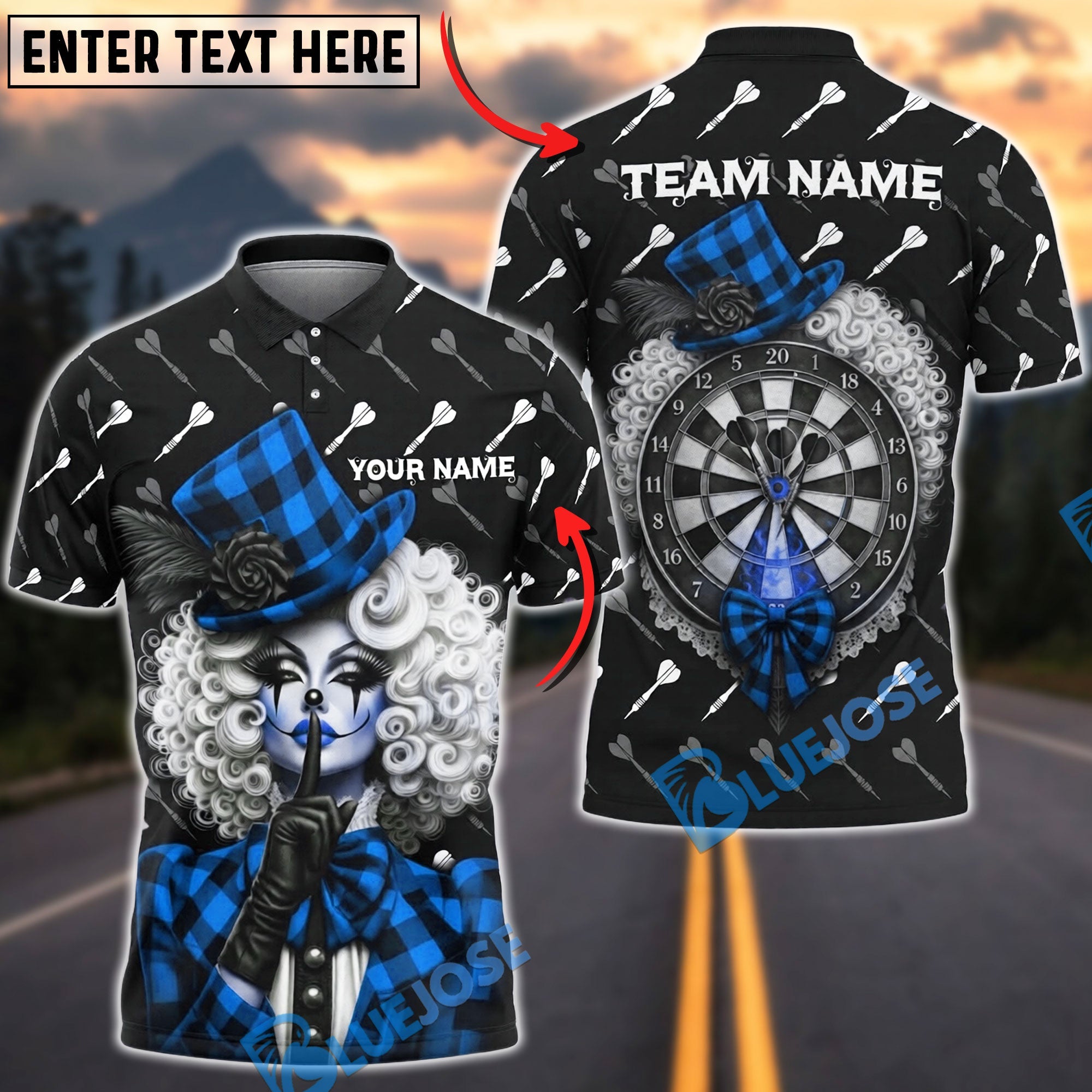 BlueJose Darts Gothic Sexy Clown Girl Plaid Pattern Personalized Name, Team Name Unisex Shirt (4 Colors)
