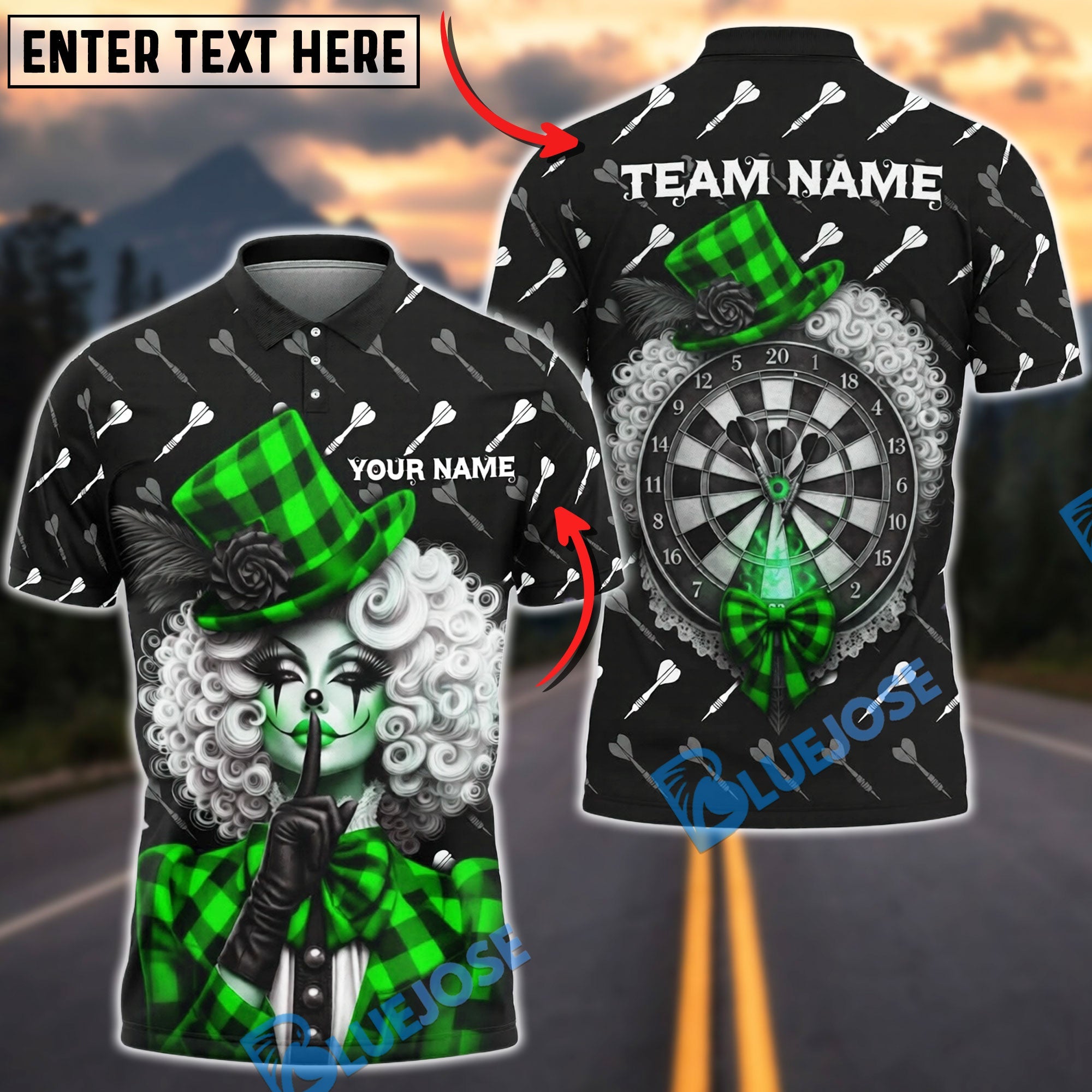 BlueJose Darts Gothic Sexy Clown Girl Plaid Pattern Personalized Name, Team Name Unisex Shirt (4 Colors)