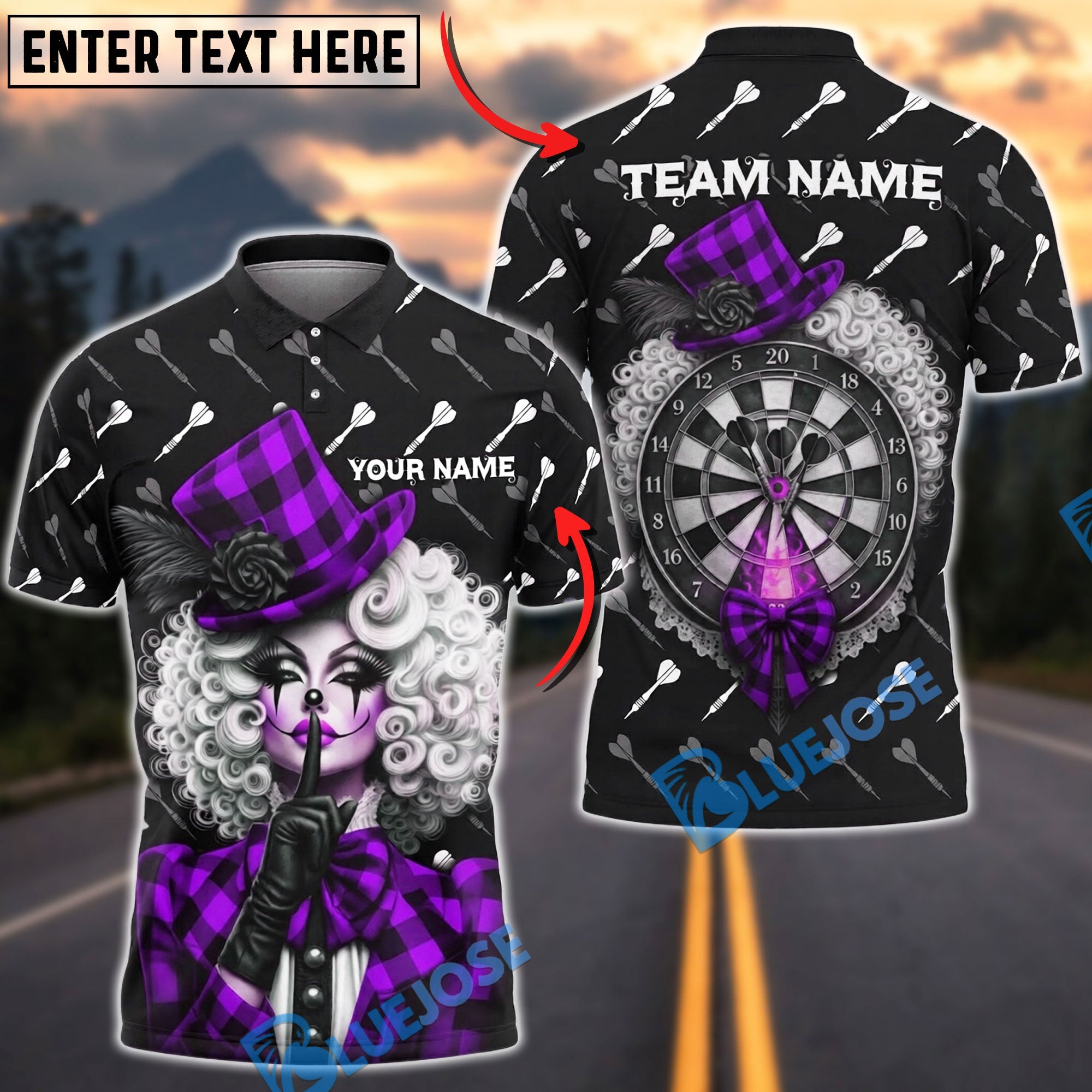 BlueJose Darts Gothic Sexy Clown Girl Plaid Pattern Personalized Name, Team Name Unisex Shirt (4 Colors)