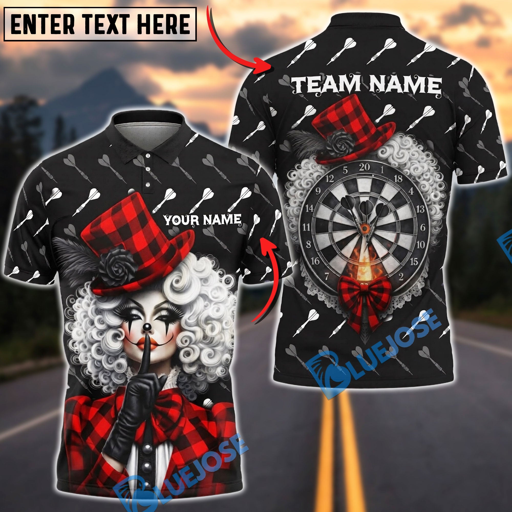 BlueJose Darts Gothic Sexy Clown Girl Plaid Pattern Personalized Name, Team Name Unisex Shirt (4 Colors)
