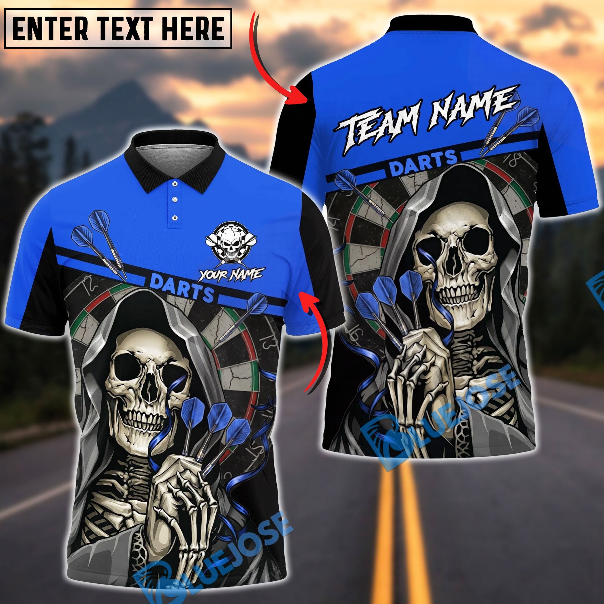 BlueJose Darts Grim Reaper Skeleton Holding Darts Dartboard Vivid Black Personalized Name, Team Name Unisex Shirt (4 Colors)