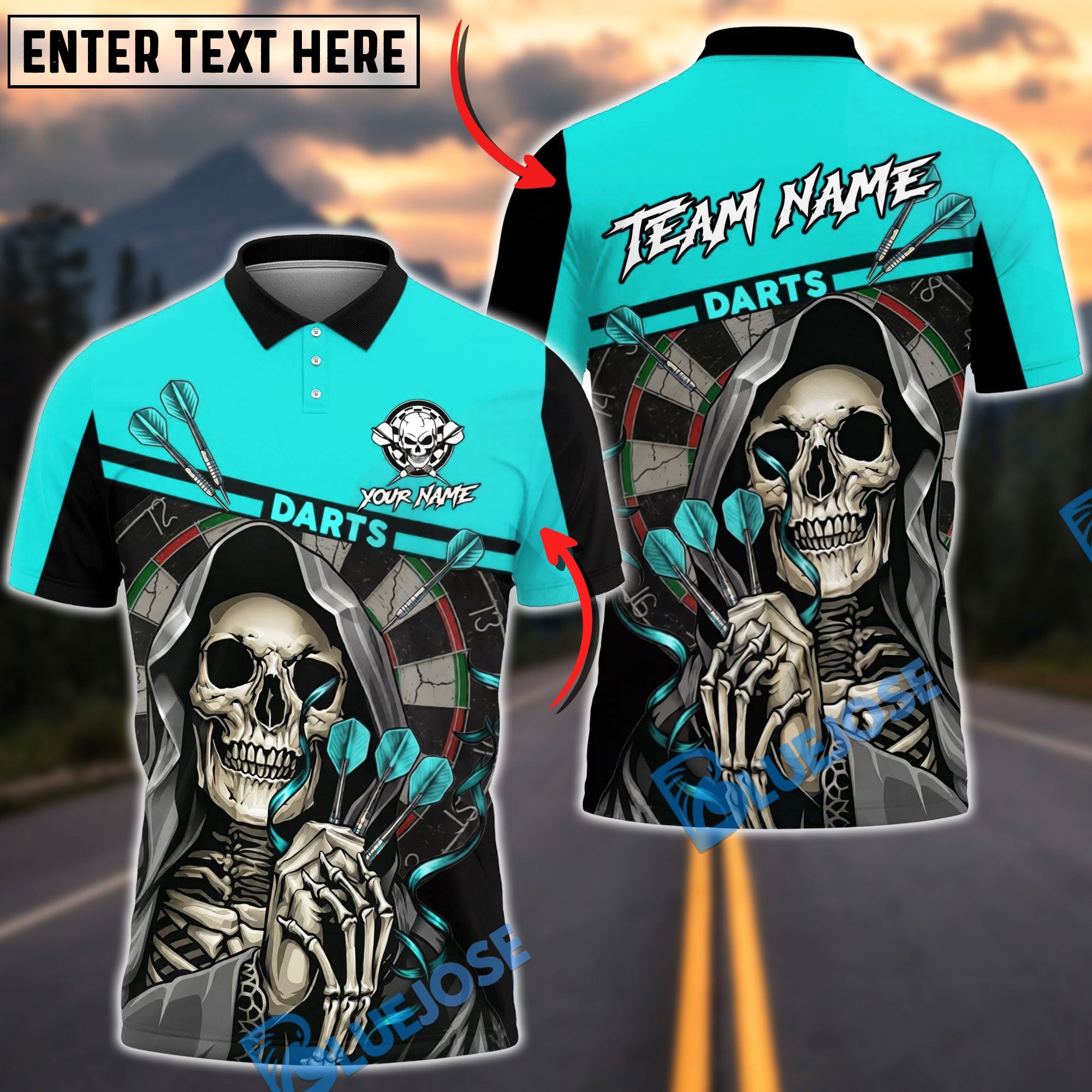 BlueJose Darts Grim Reaper Skeleton Holding Darts Dartboard Vivid Black Personalized Name, Team Name Unisex Shirt (4 Colors)