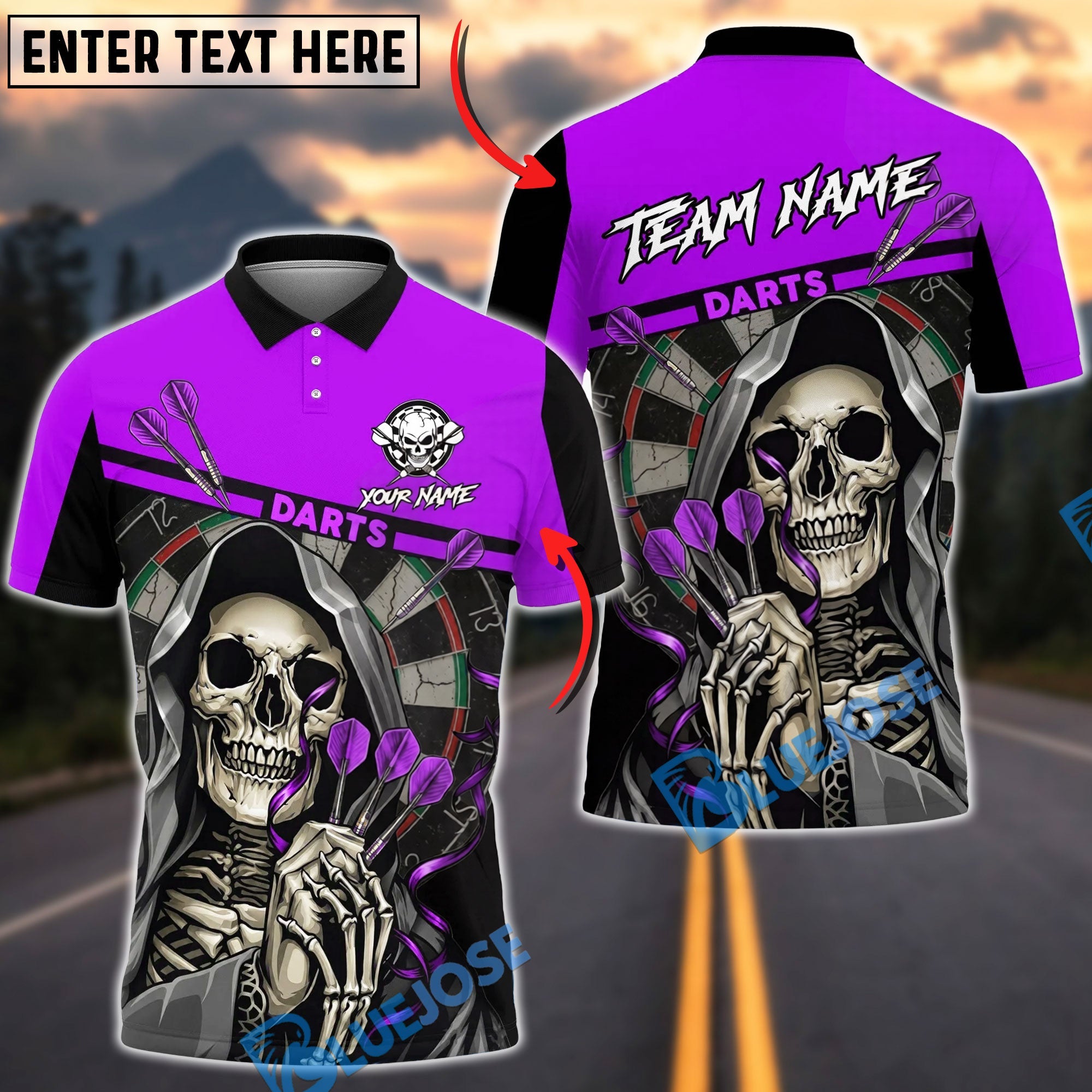 BlueJose Darts Grim Reaper Skeleton Holding Darts Dartboard Vivid Black Personalized Name, Team Name Unisex Shirt (4 Colors)