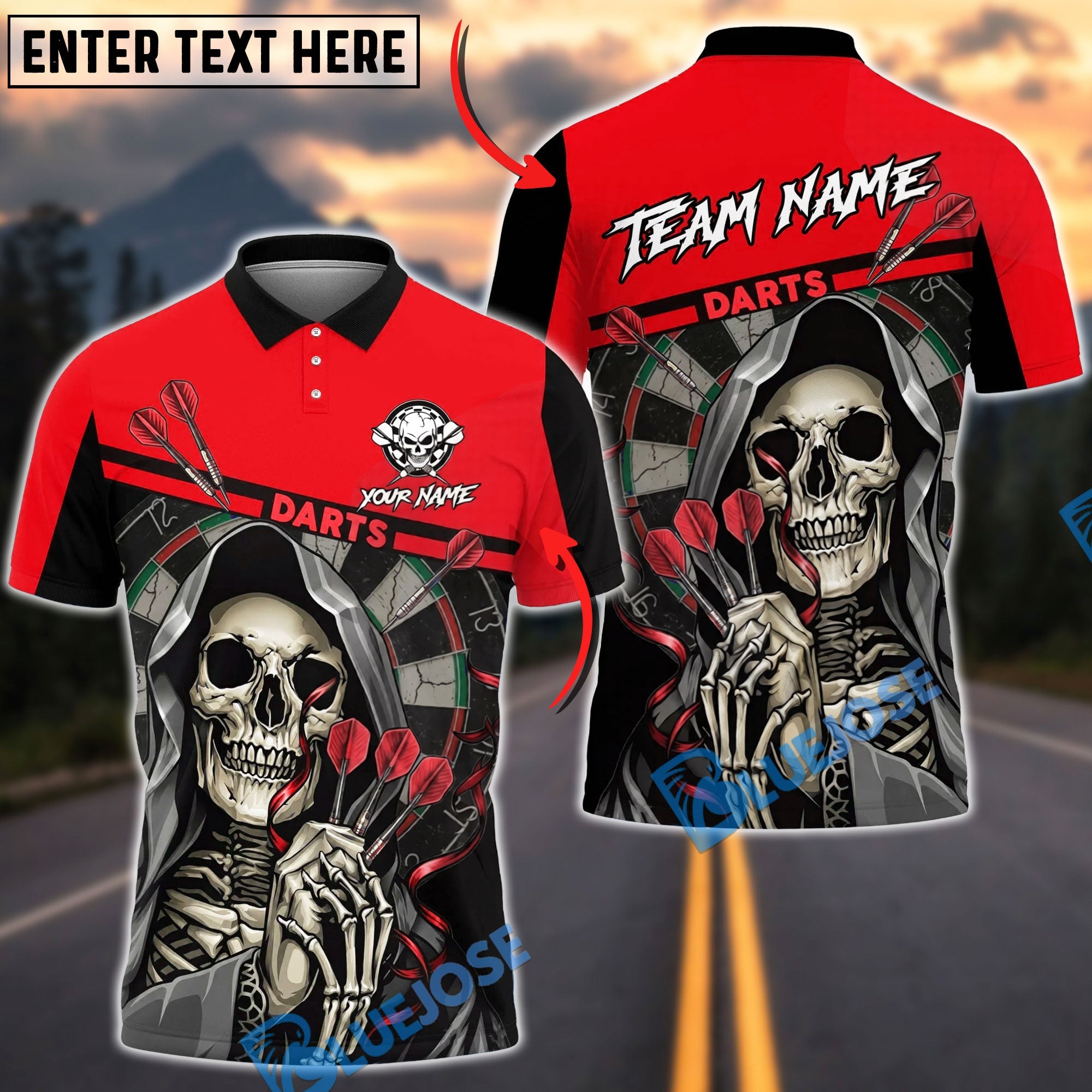 BlueJose Darts Grim Reaper Skeleton Holding Darts Dartboard Vivid Black Personalized Name, Team Name Unisex Shirt (4 Colors)