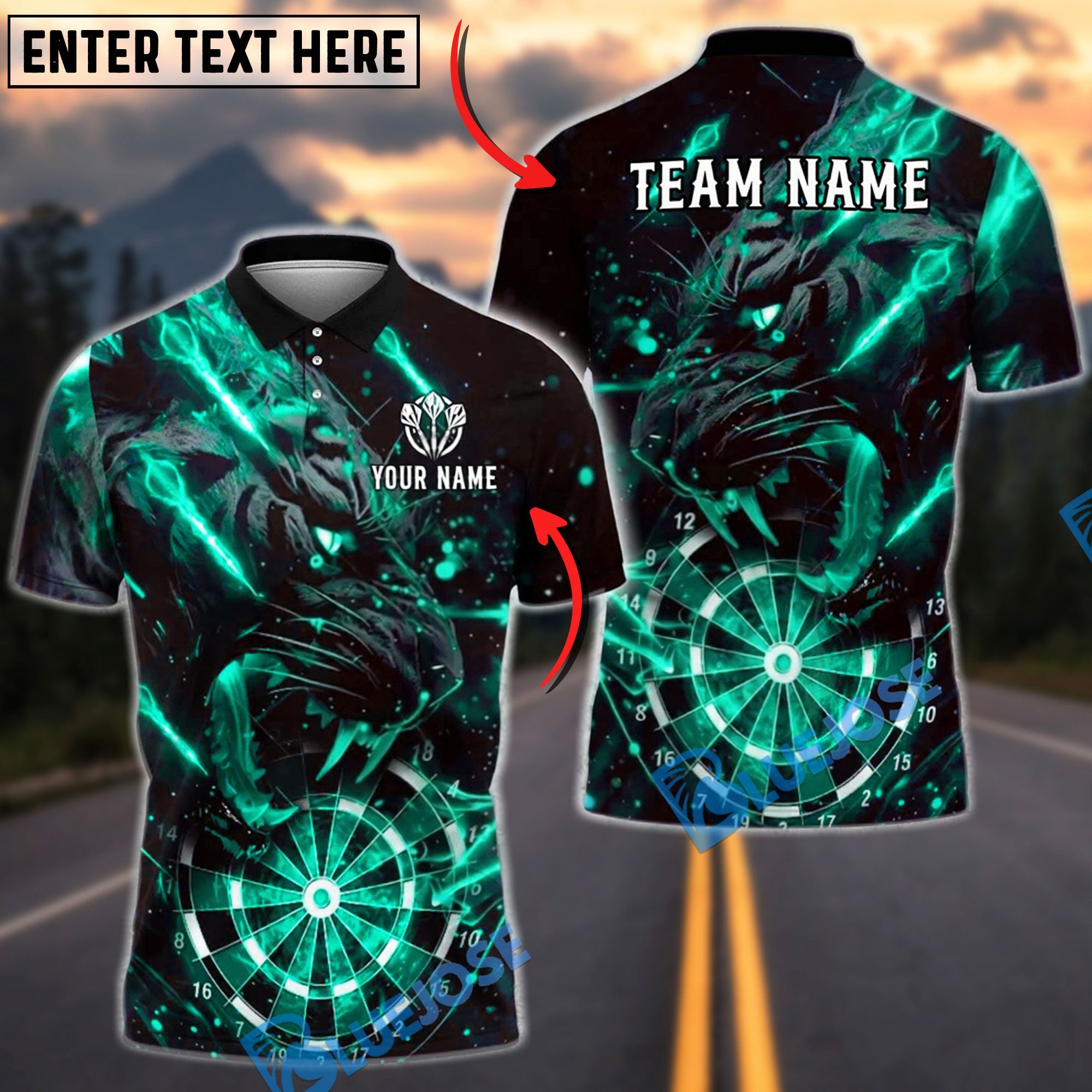 BlueJose Darts Tiger Lightning Roaring Beast Personalized Name, Team Name Unisex Shirt (6 Colors)