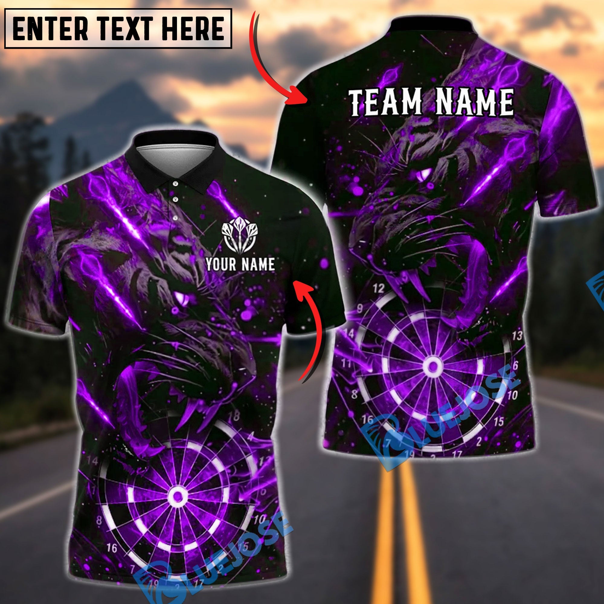 BlueJose Darts Tiger Lightning Roaring Beast Personalized Name, Team Name Unisex Shirt (6 Colors)