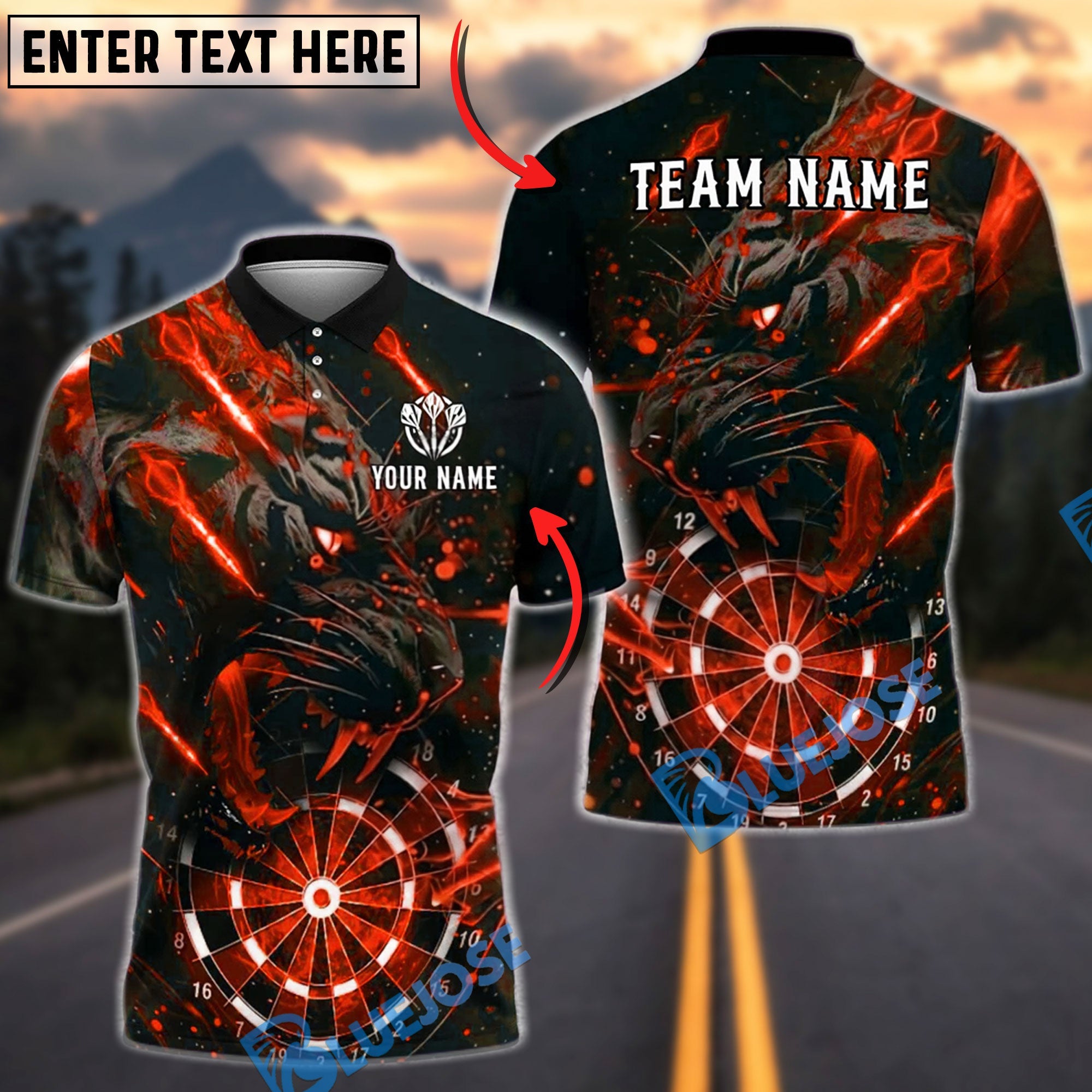 BlueJose Darts Tiger Lightning Roaring Beast Personalized Name, Team Name Unisex Shirt (6 Colors)