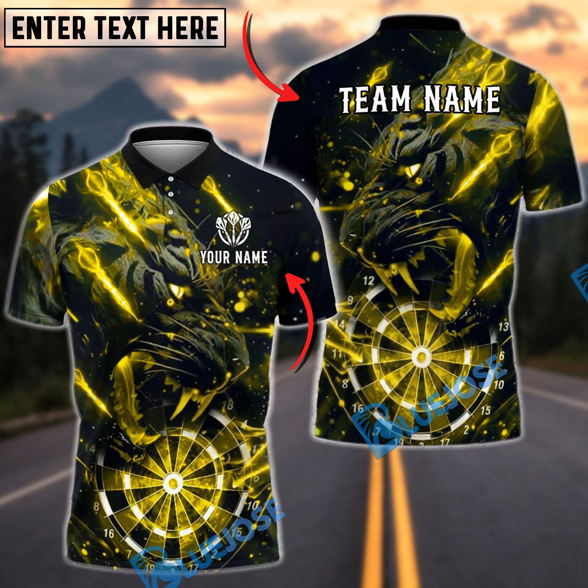 BlueJose Darts Tiger Lightning Roaring Beast Personalized Name, Team Name Unisex Shirt (6 Colors)