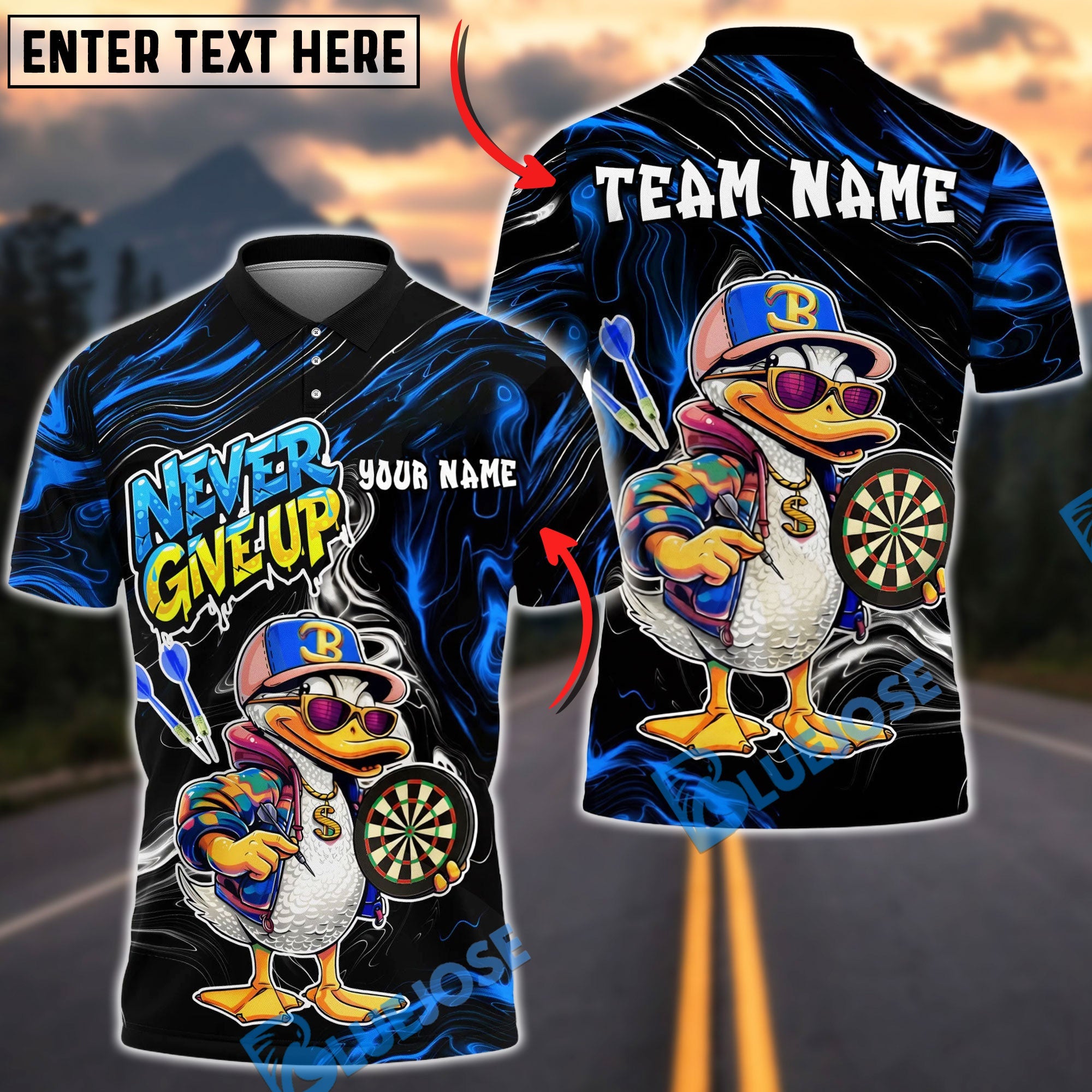 BlueJose Darts Funny Duck Cartoon Character Urban Streetwear Vibrant Sportswear Personalized Name, Team Name Unisex Shirt (4 Colors)