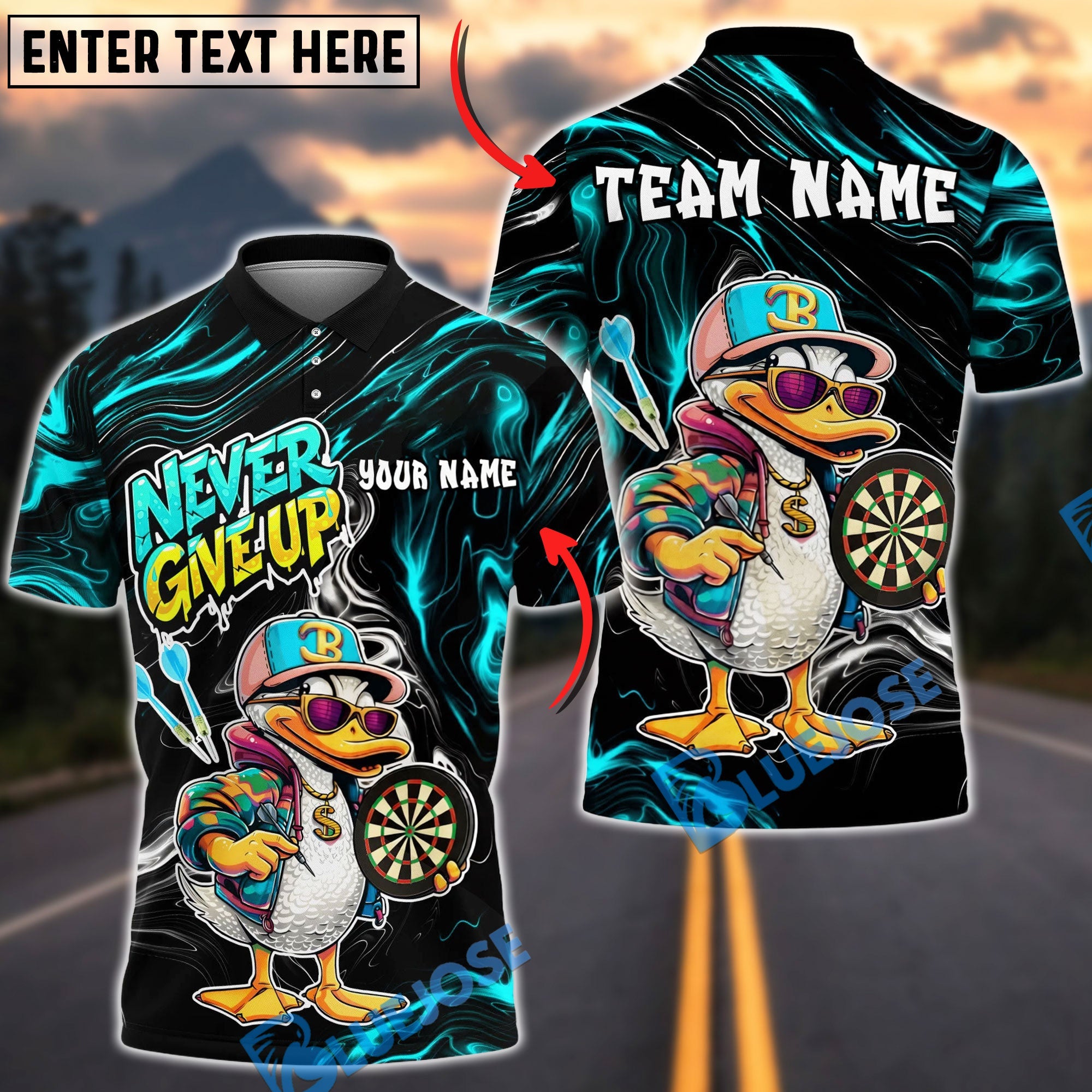 BlueJose Darts Funny Duck Cartoon Character Urban Streetwear Vibrant Sportswear Personalized Name, Team Name Unisex Shirt (4 Colors)