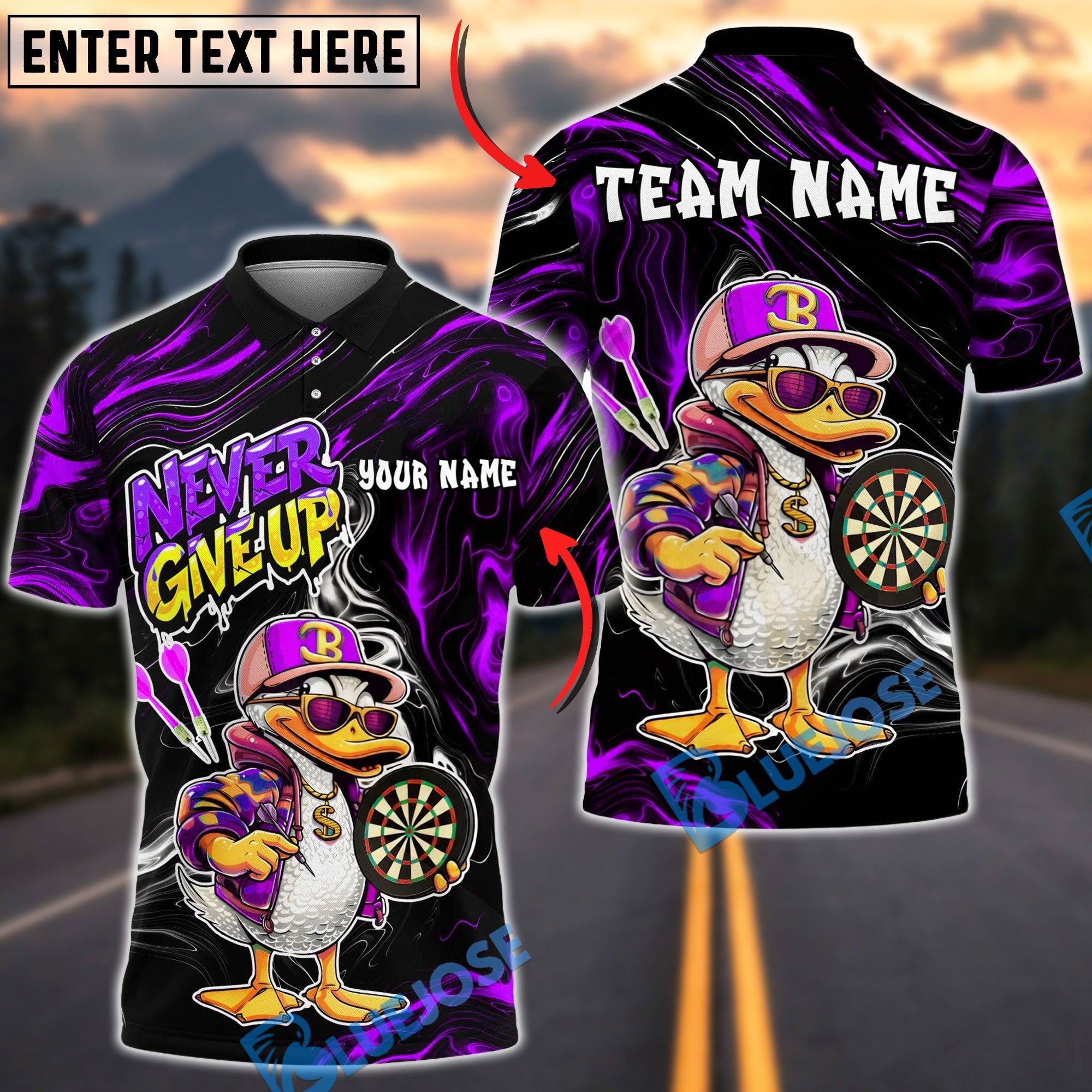 BlueJose Darts Funny Duck Cartoon Character Urban Streetwear Vibrant Sportswear Personalized Name, Team Name Unisex Shirt (4 Colors)