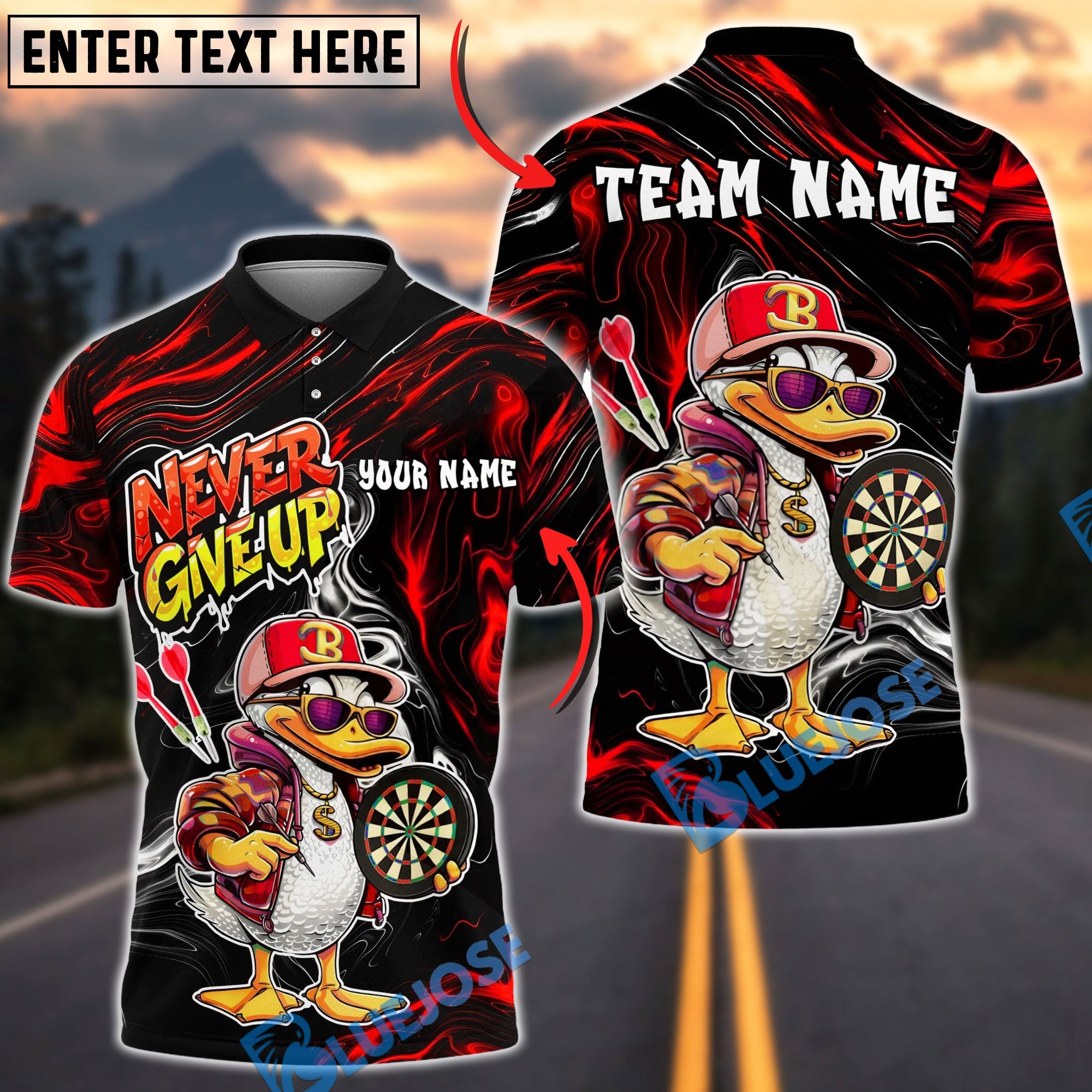 BlueJose Darts Funny Duck Cartoon Character Urban Streetwear Vibrant Sportswear Personalized Name, Team Name Unisex Shirt (4 Colors)