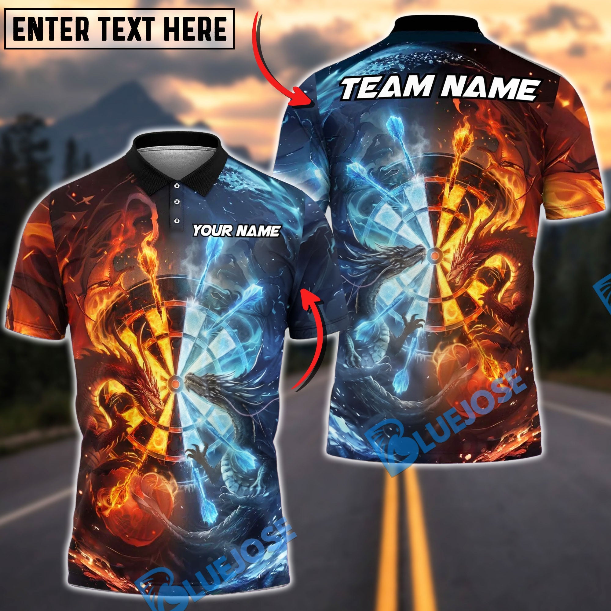 BlueJose Darts Mythical Dragon Battle Fire Against Ice Elements Personalized Name Shirt